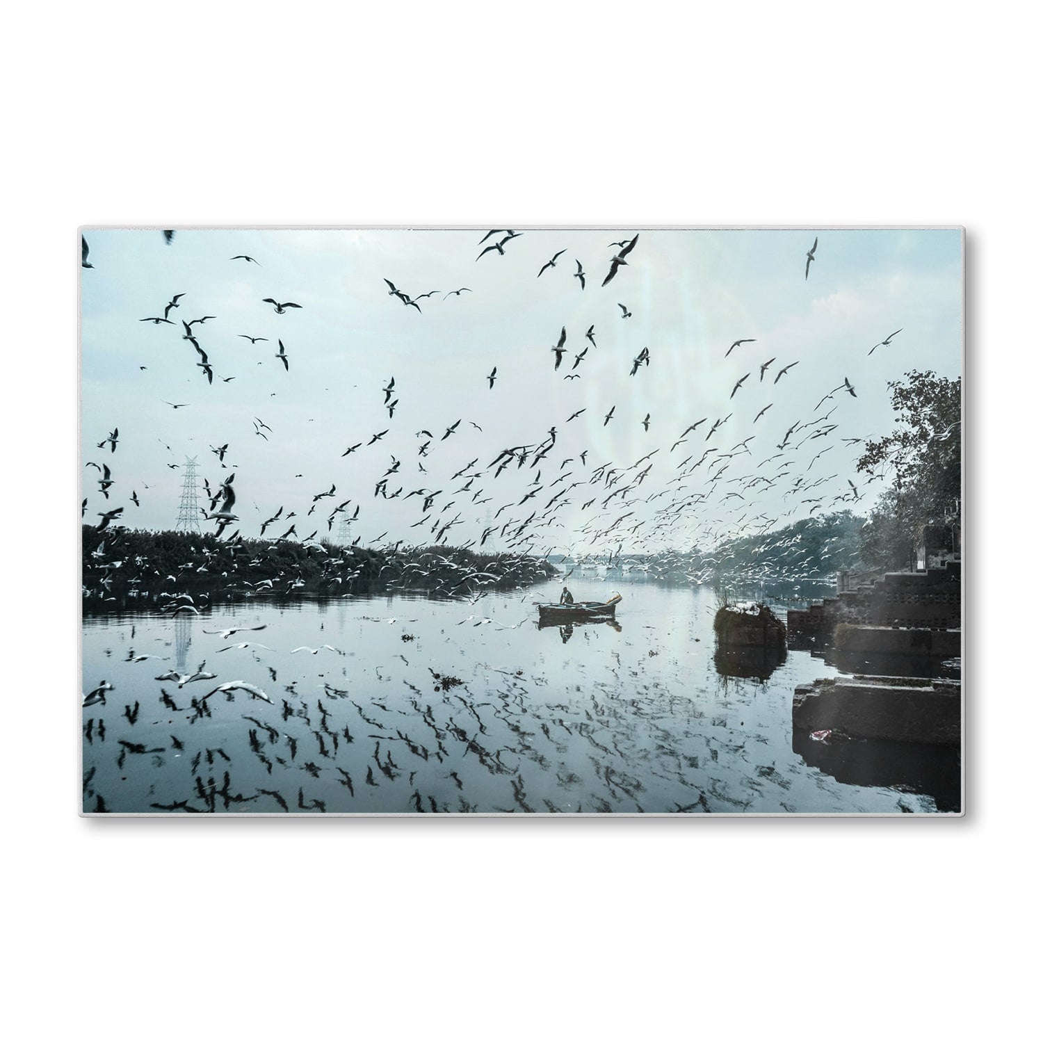 Schneidebrett - Vogel fliegt über Wasser