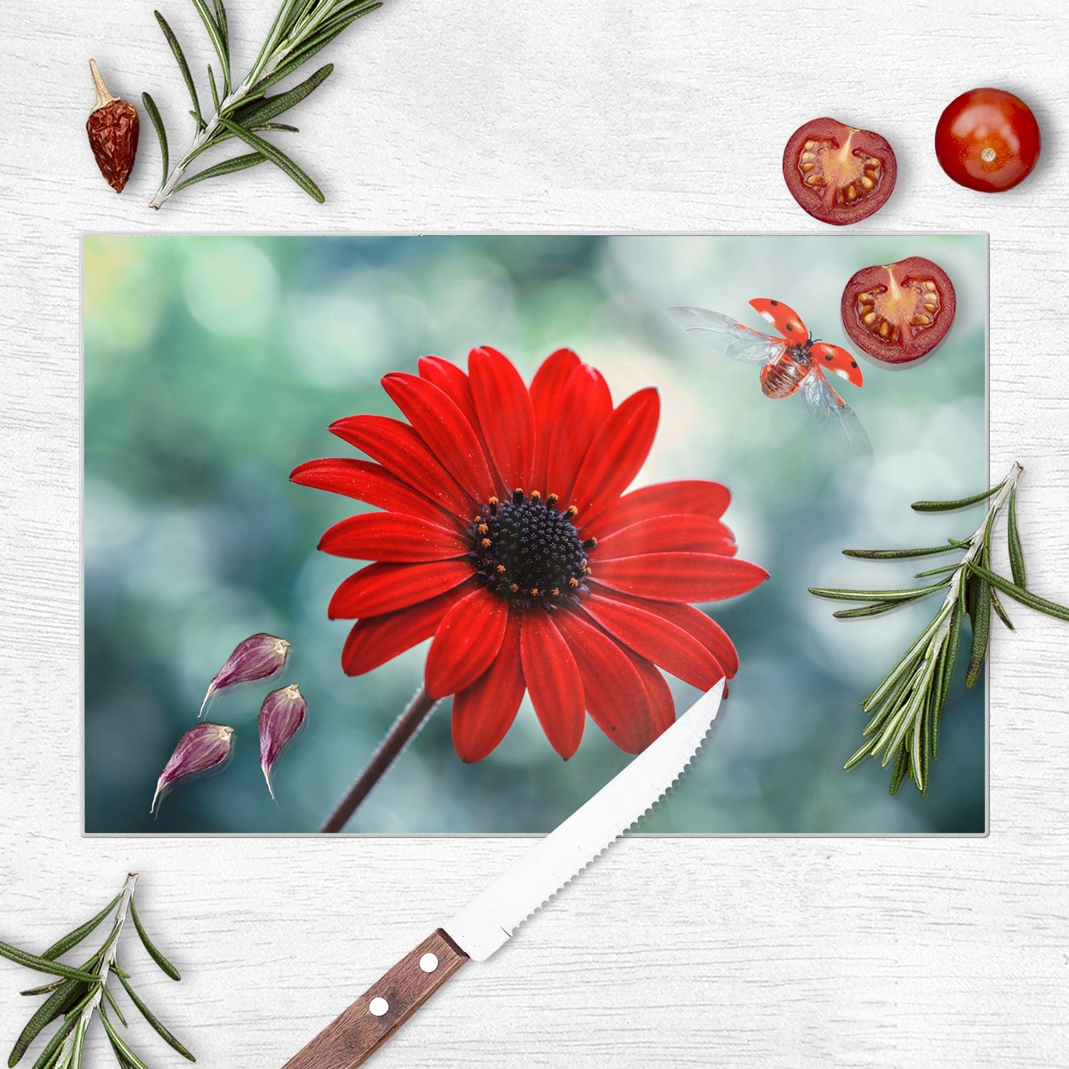 Schneidebrett - Rote Blume und Marienkäfer