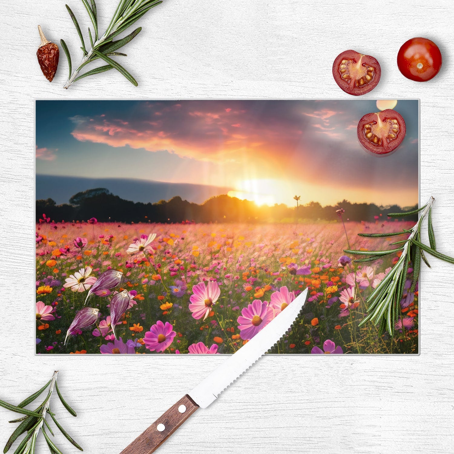 Schneidebrett - Sommerblumen bei Sonnenuntergang