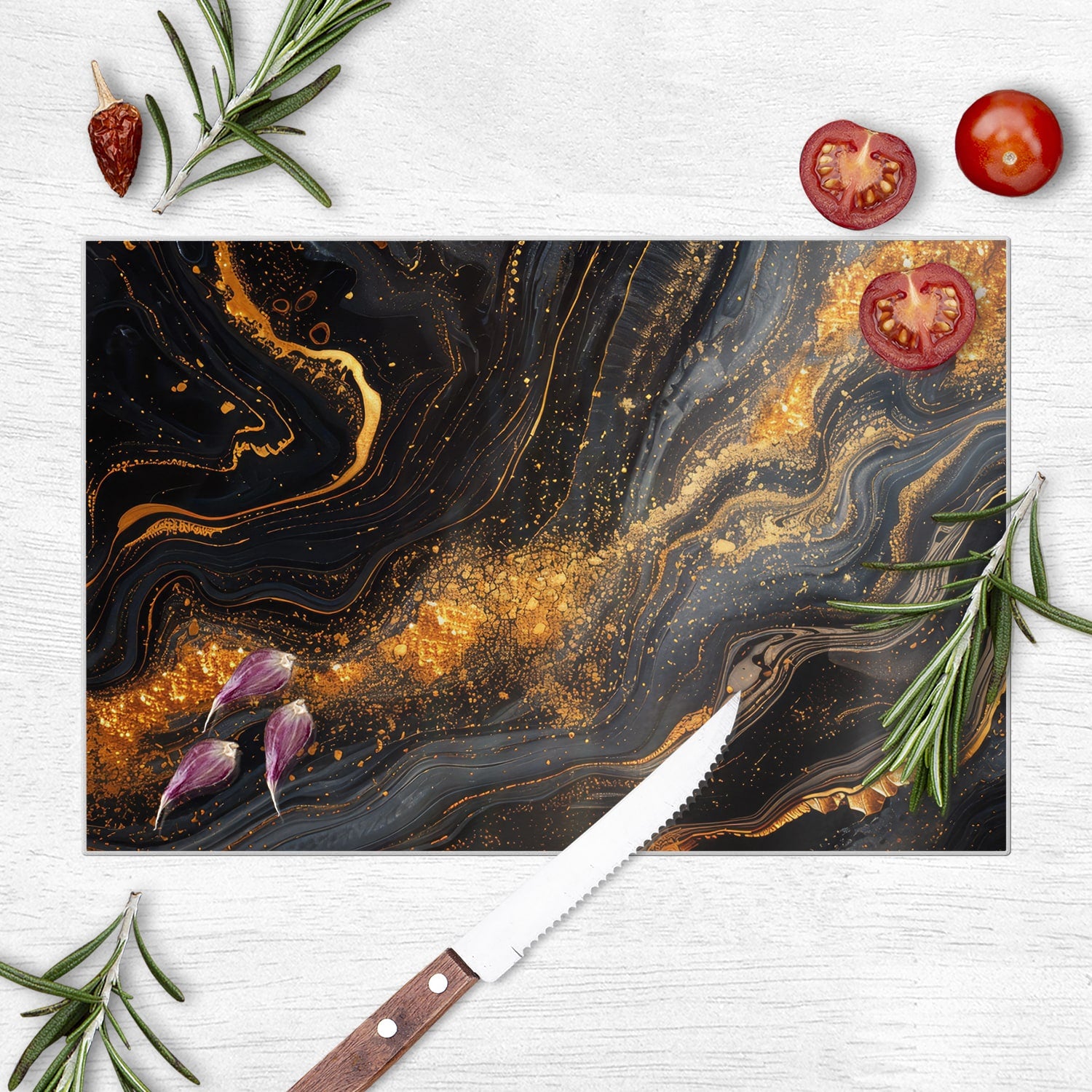 Schneidebrett - Schwarz/Gold-Marmor-Textur