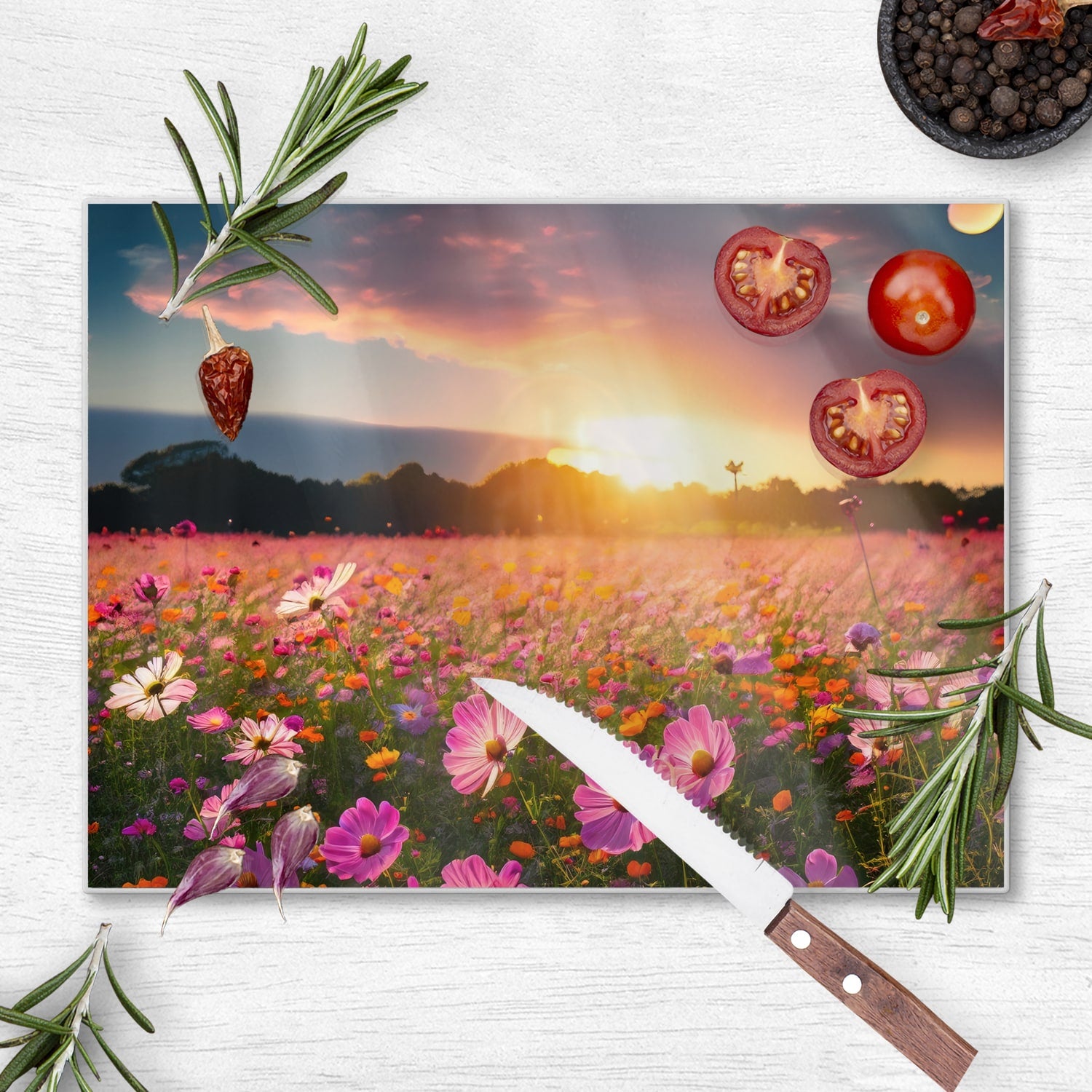Schneidebrett - Sommerblumen bei Sonnenuntergang