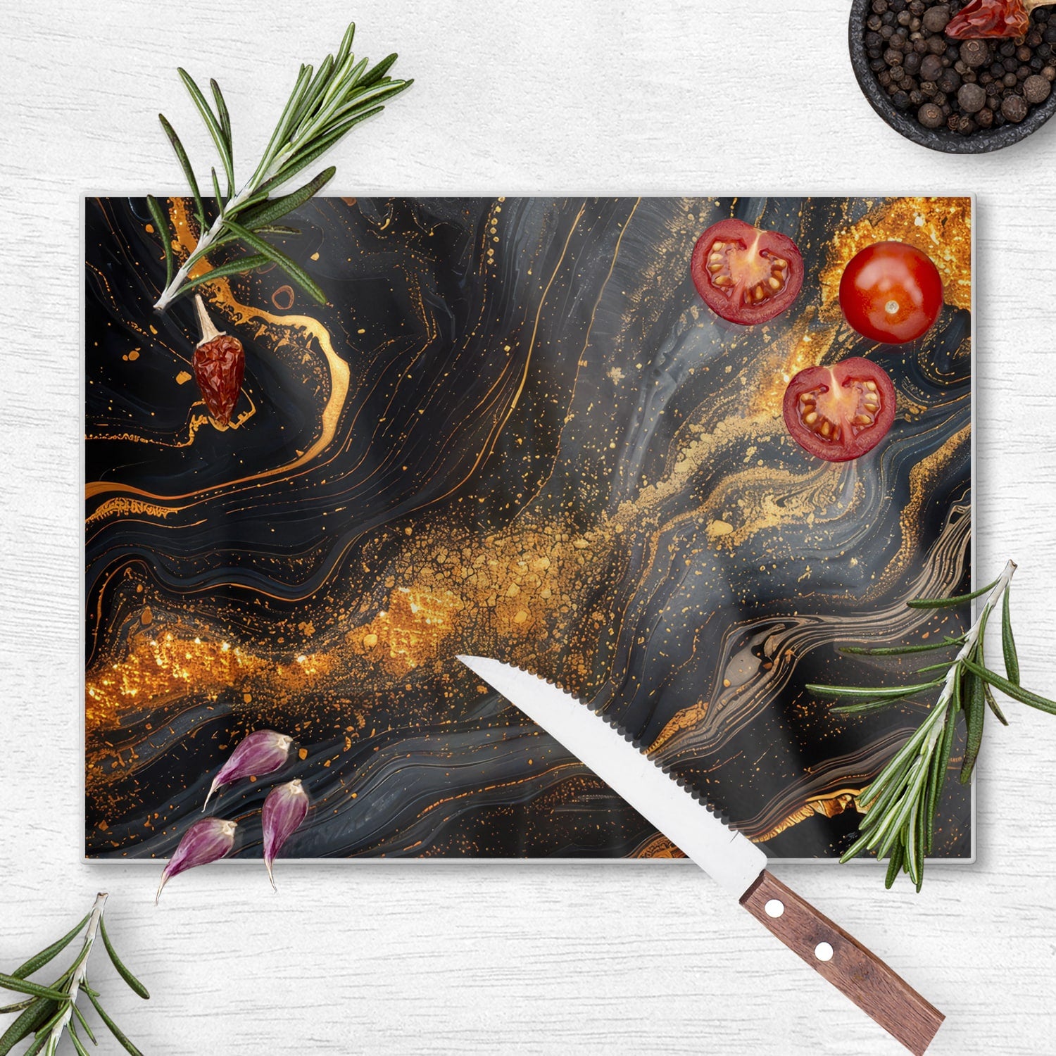 Schneidebrett - Schwarz/Gold-Marmor-Textur