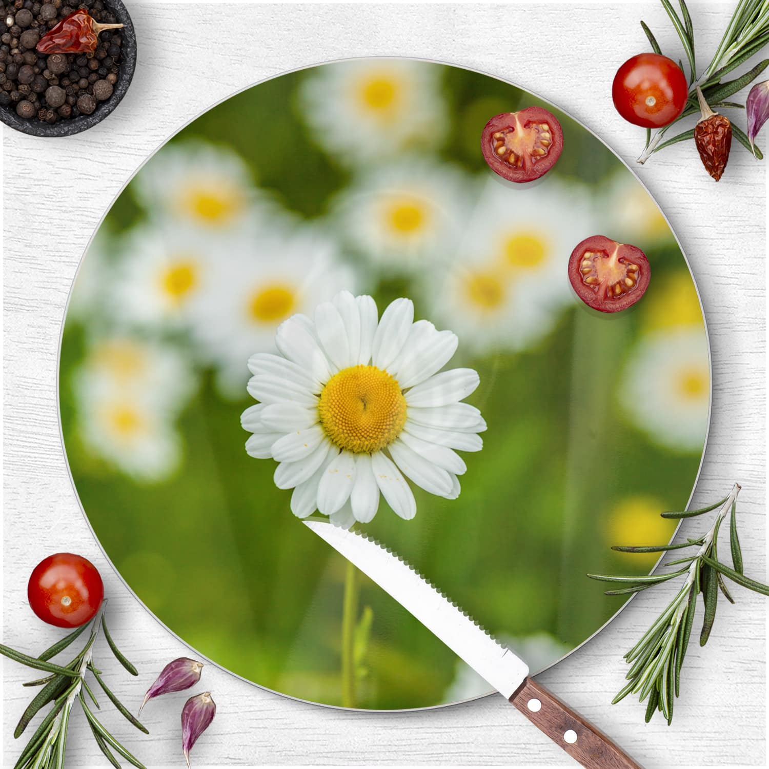 Schneidebrett Rund - Feld von Gänseblümchen