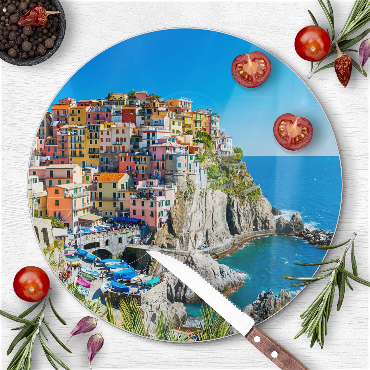 Schneidebrett Rund - Bunte Cinque Terre an der Küste
