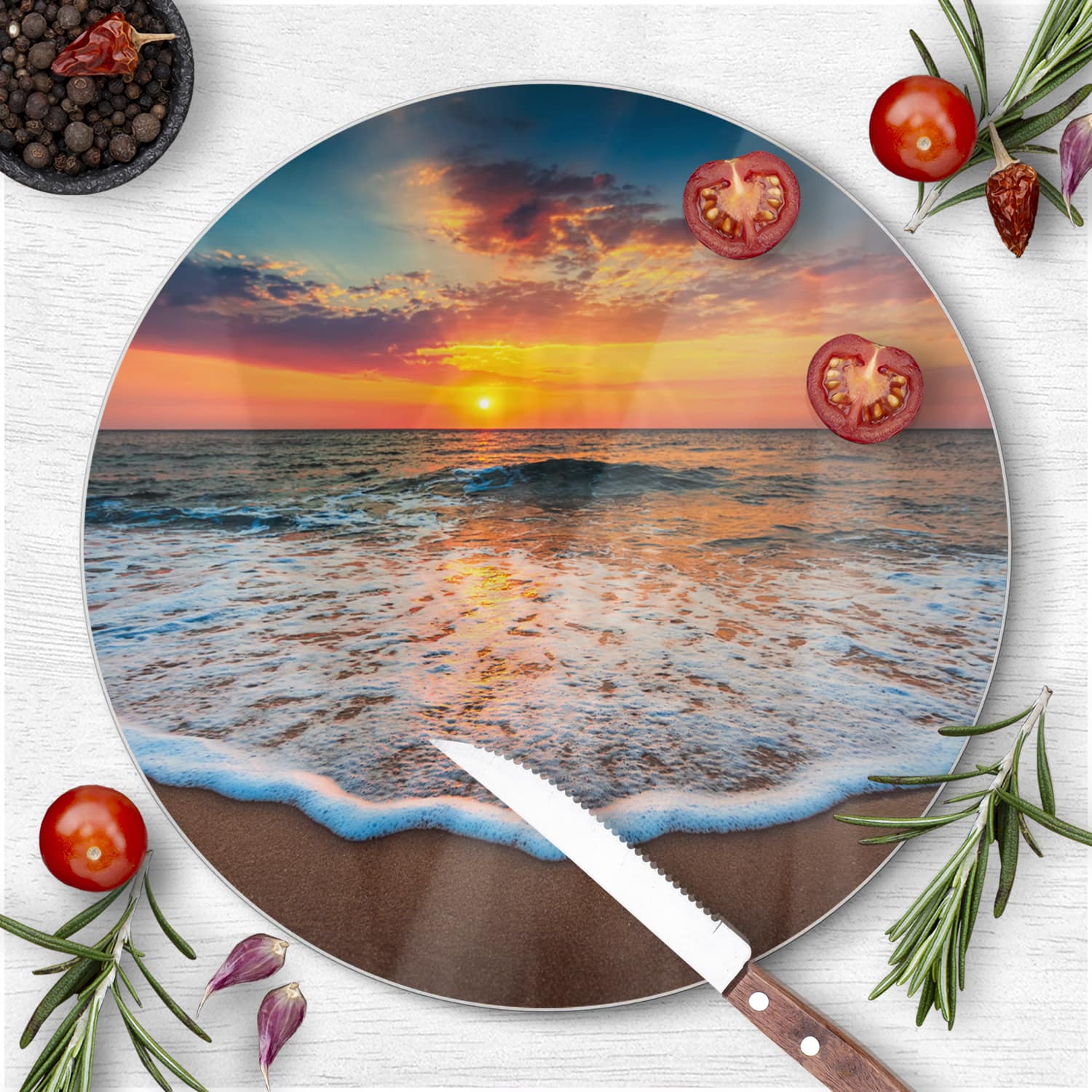 Schneidebrett Rund - Sonnenaufgang am Meer