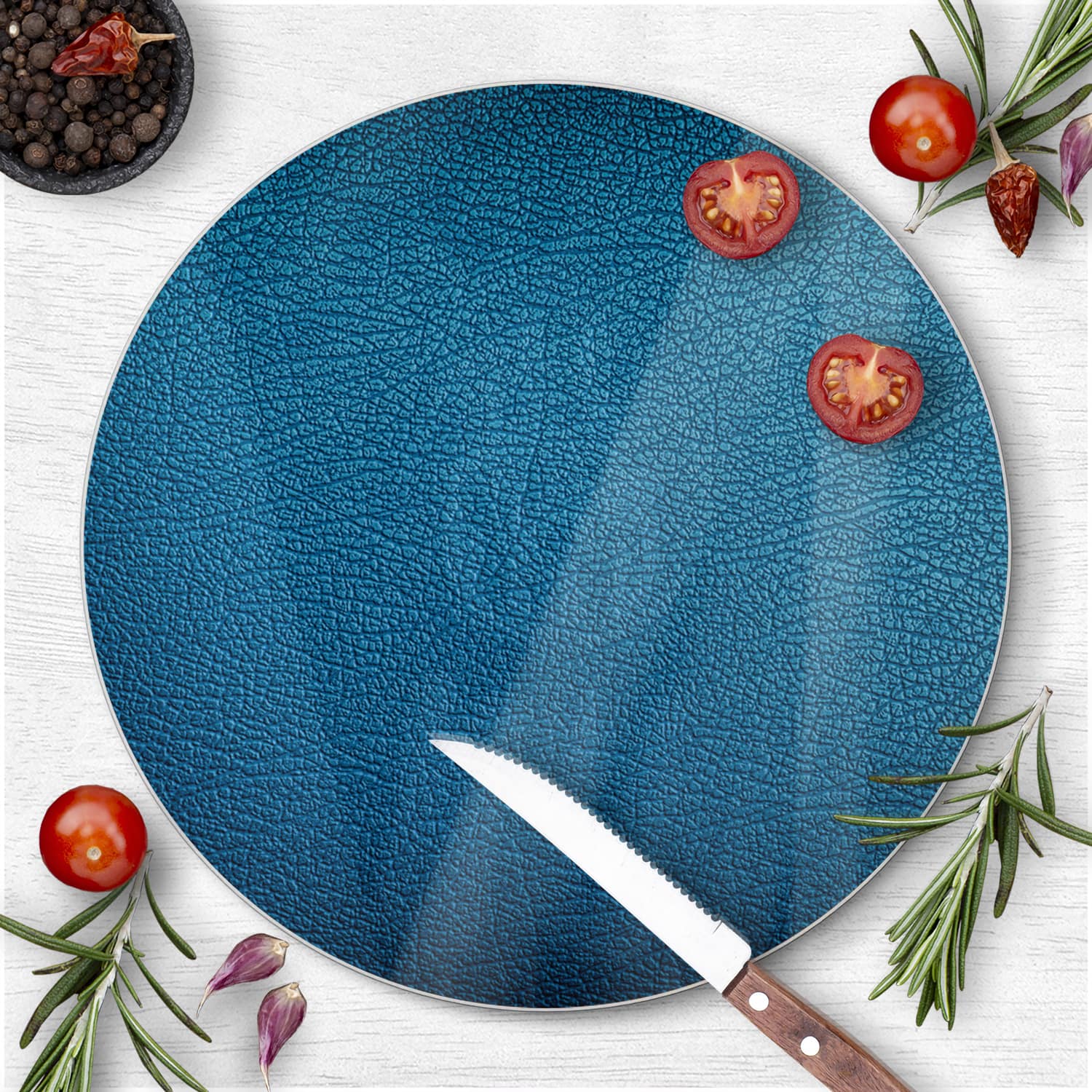 Schneidebrett Rund - Blaues Leder
