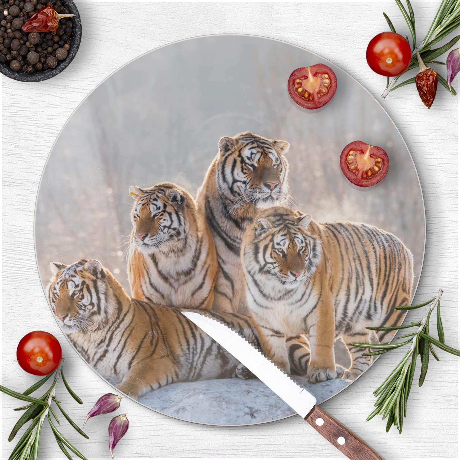 Schneidebrett Rund - Gruppe von Tigern
