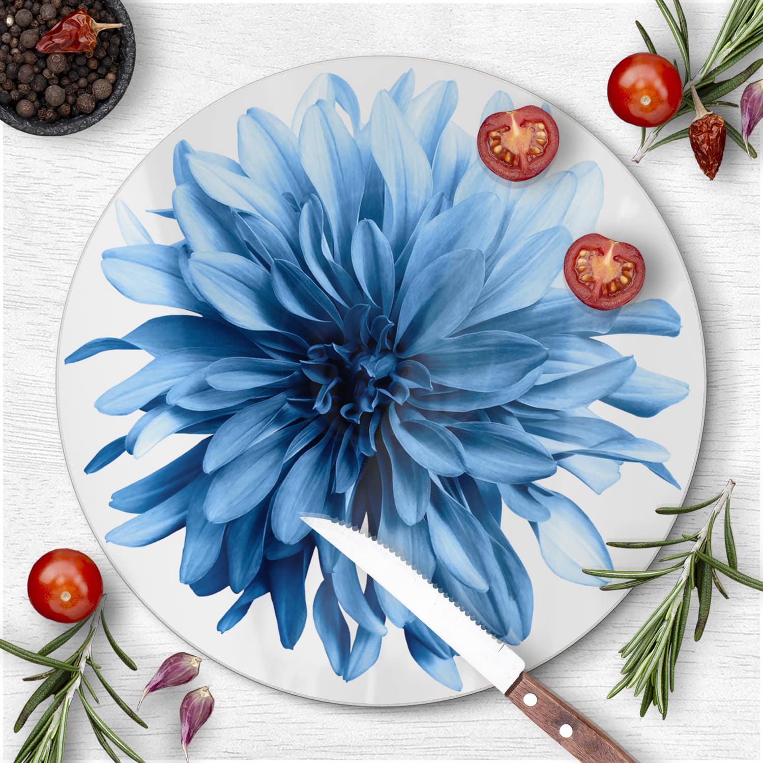Schneidebrett Rund - Hellblaue Dahlie
