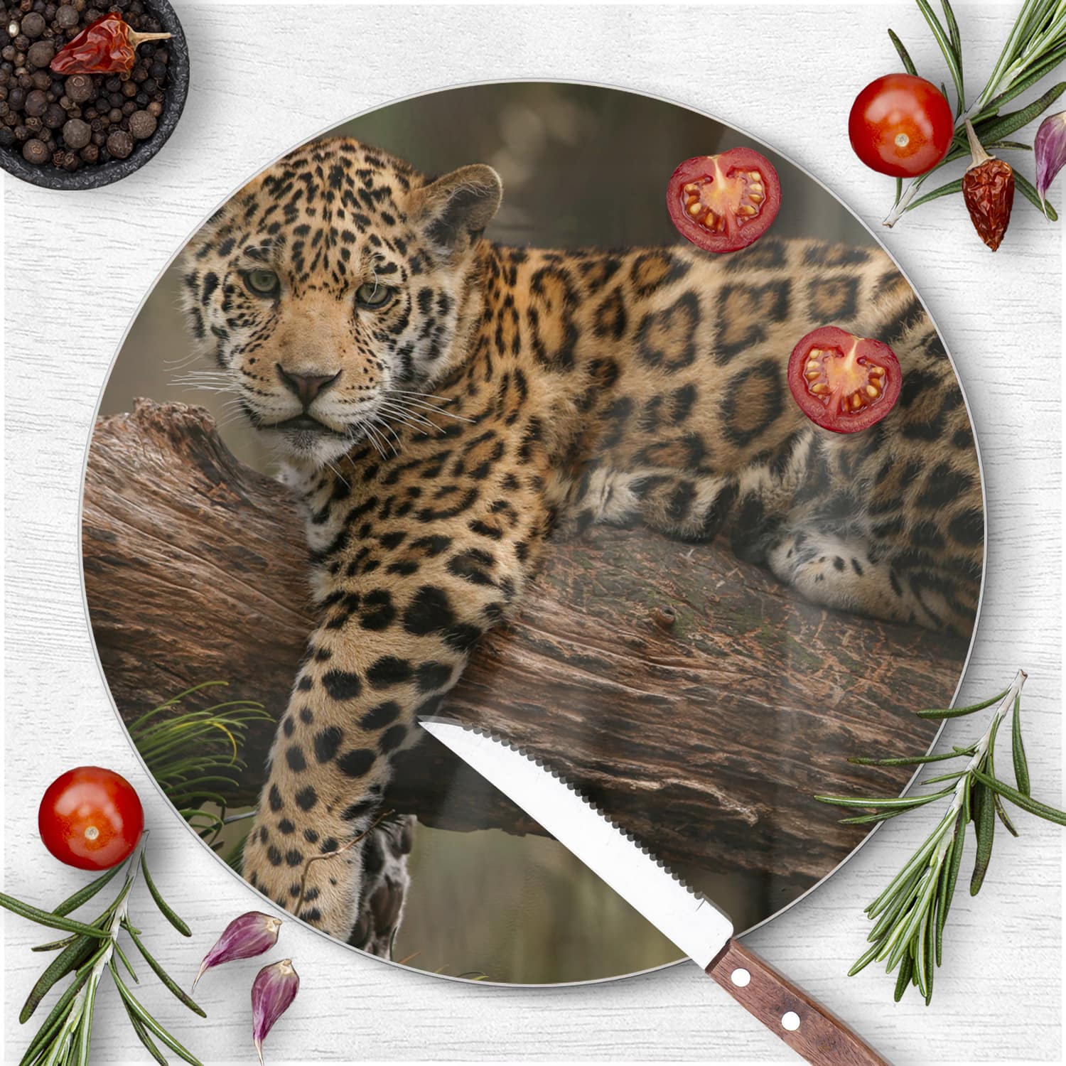 Schneidebrett Rund - Jaguar auf dem Baum