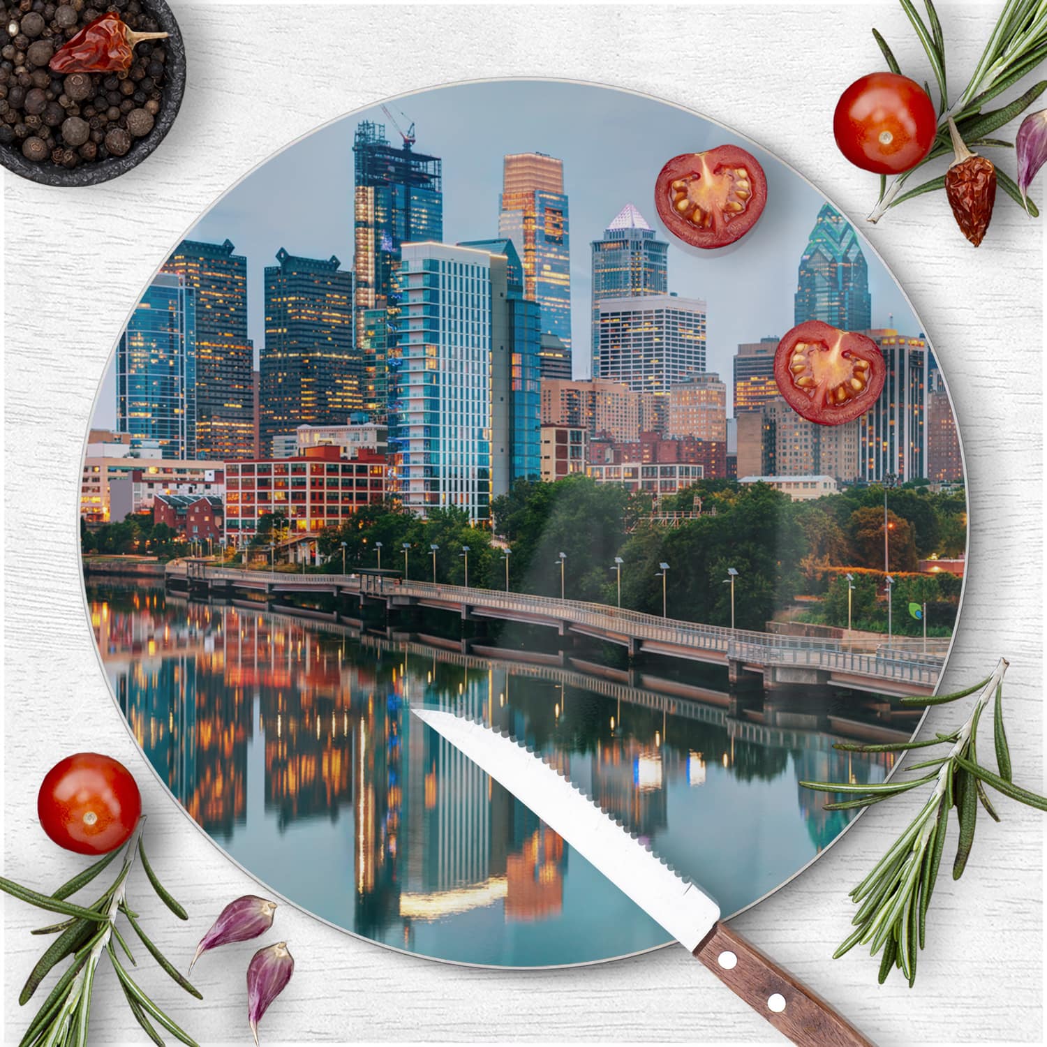 Schneidebrett Rund - Philadelphia Skyline bei Nacht