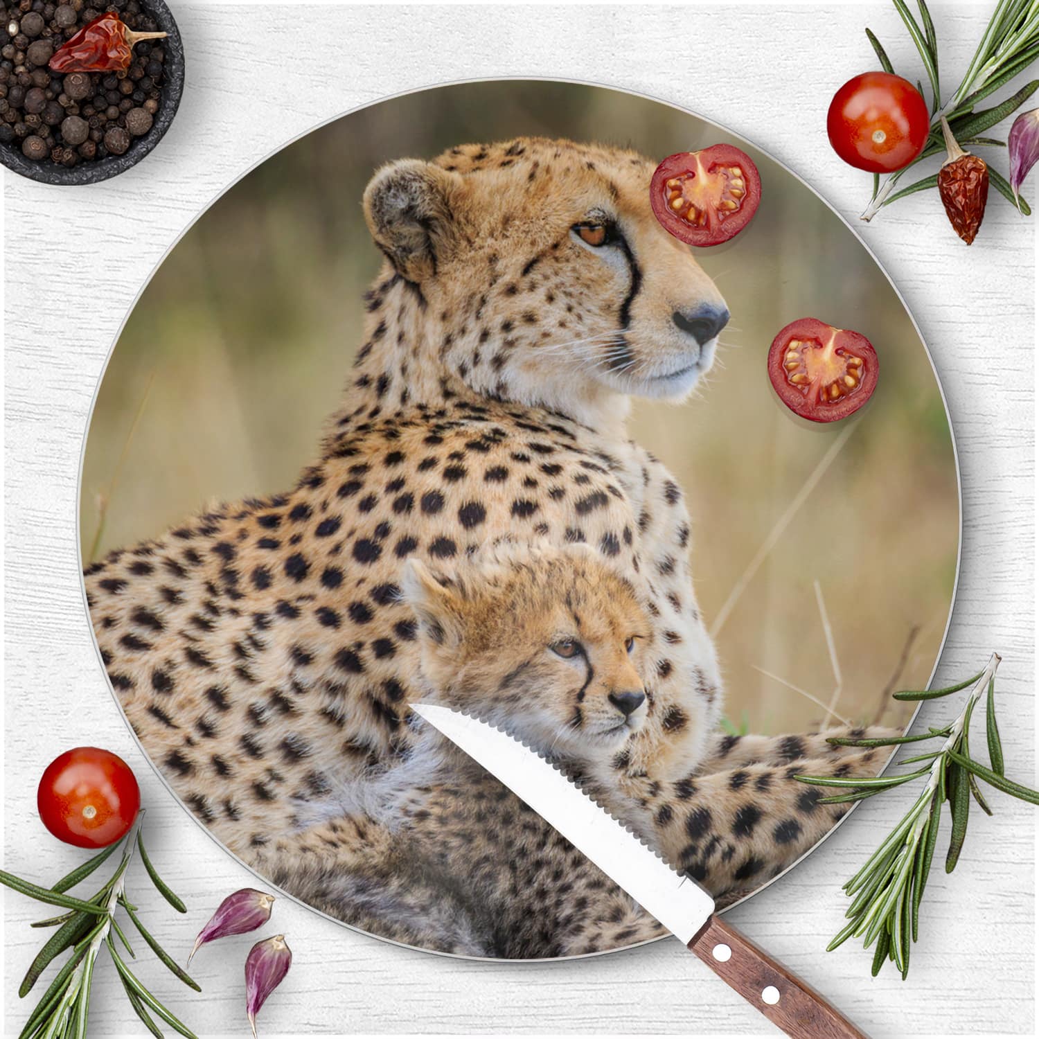 Schneidebrett Rund - Gepard mit Jungtier