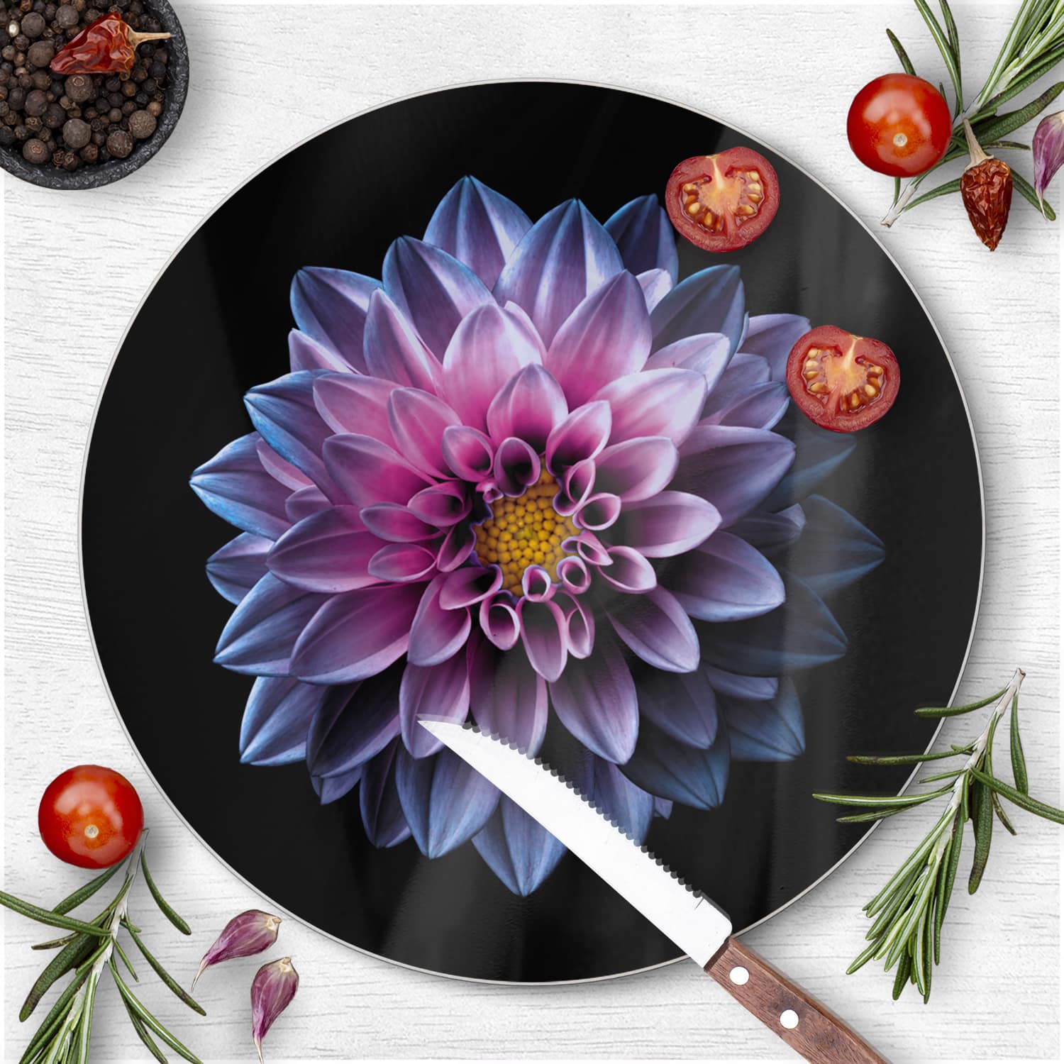 Schneidebrett Rund - Blaue/Rosa Dahlie
