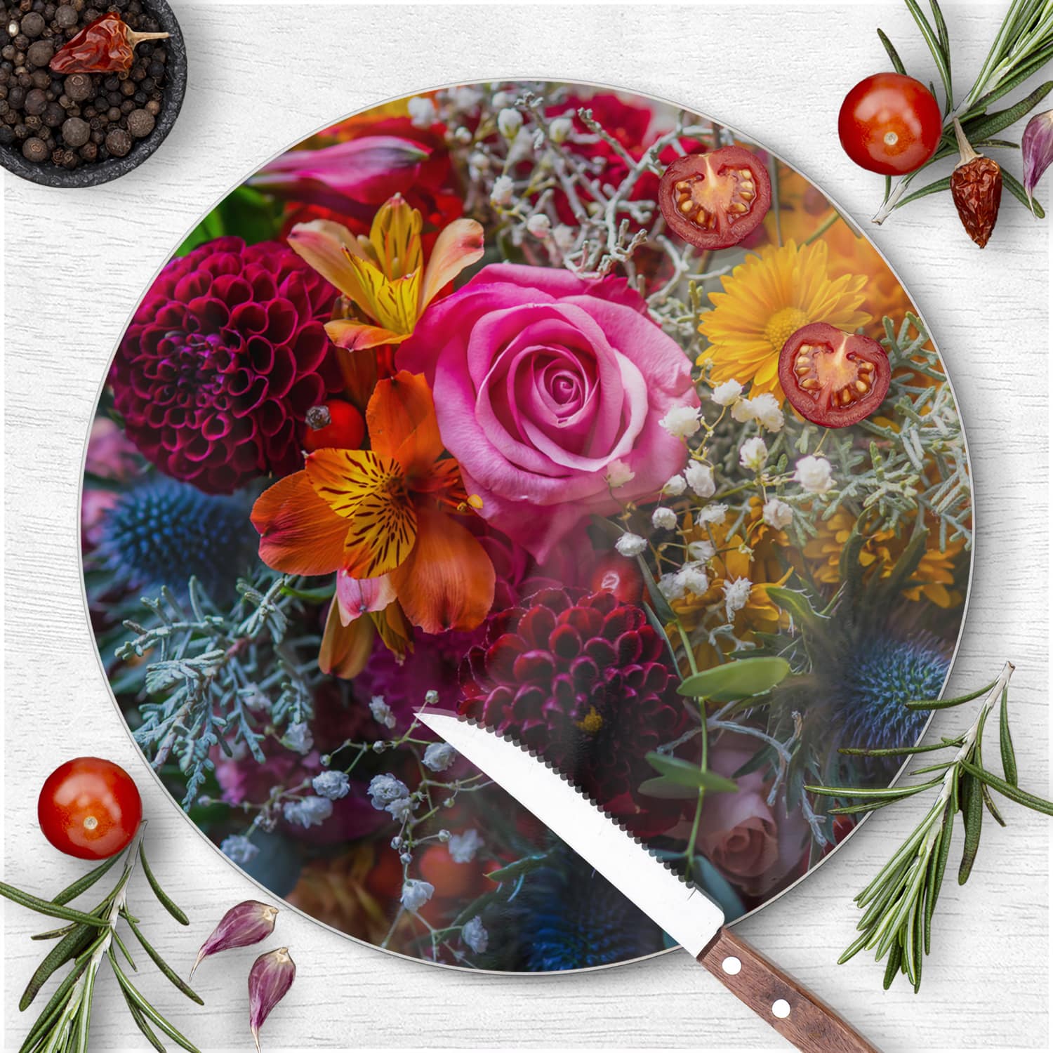 Schneidebrett Rund - Lebendiger Blumenstrauß