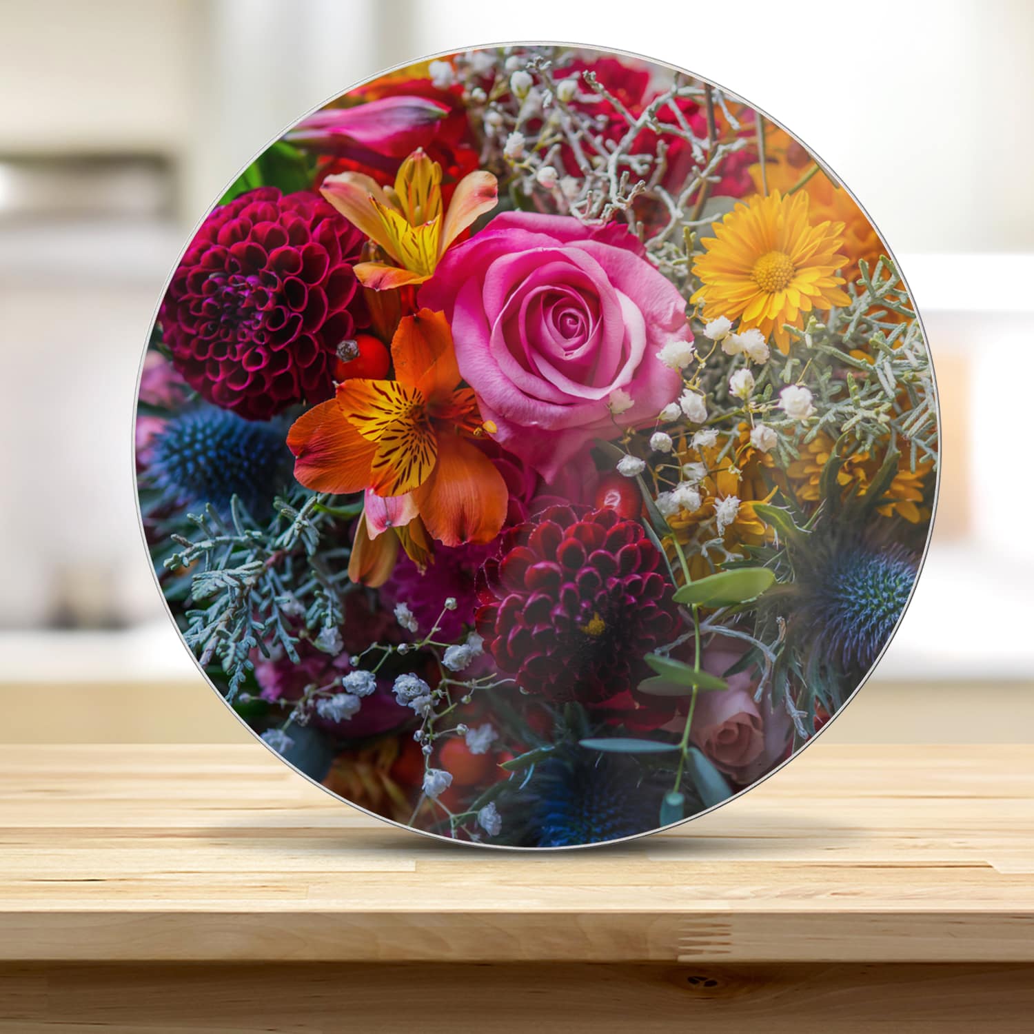 Schneidebrett Rund - Lebendiger Blumenstrauß