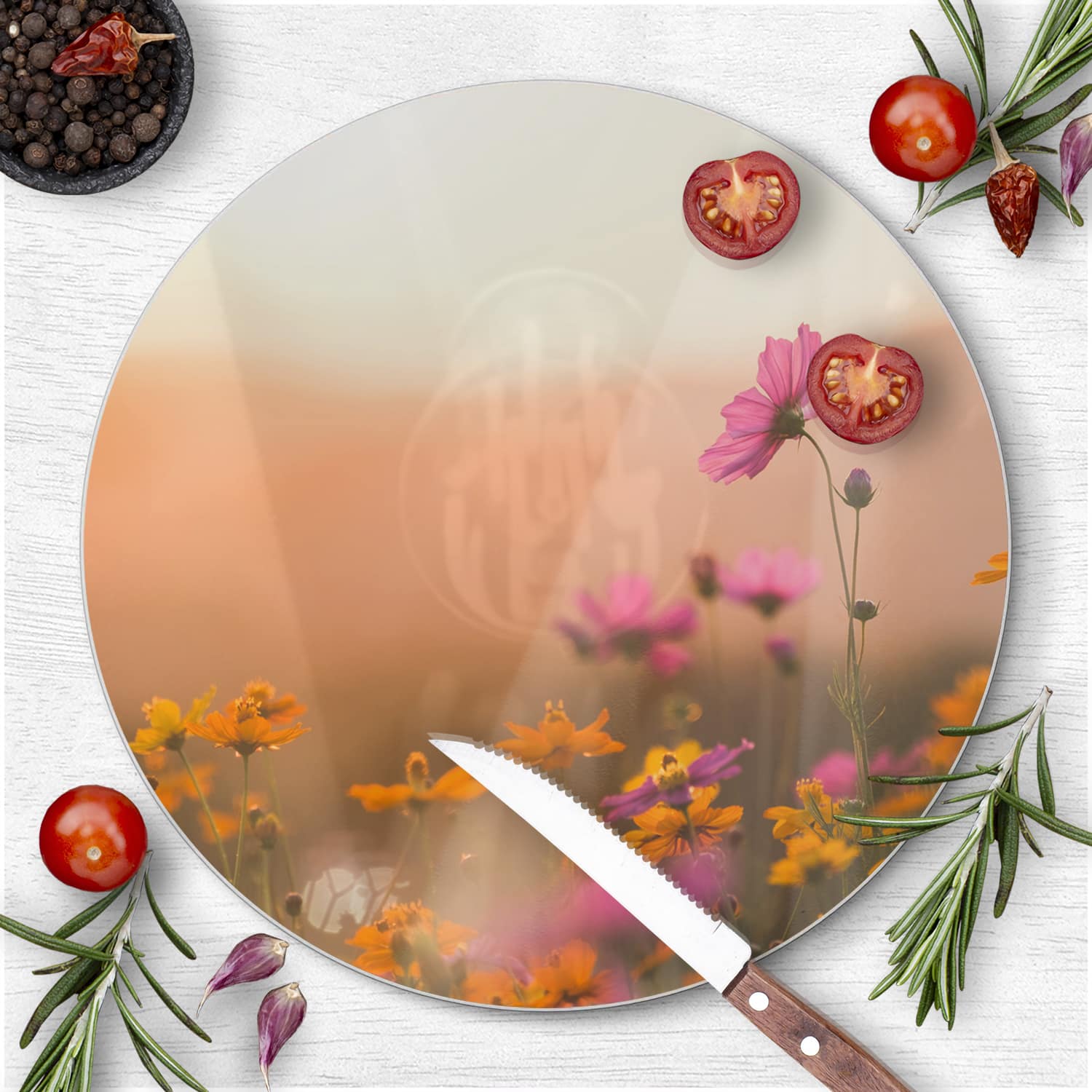 Schneidebrett Rund - Bunte Blumen bei Sonnenuntergang