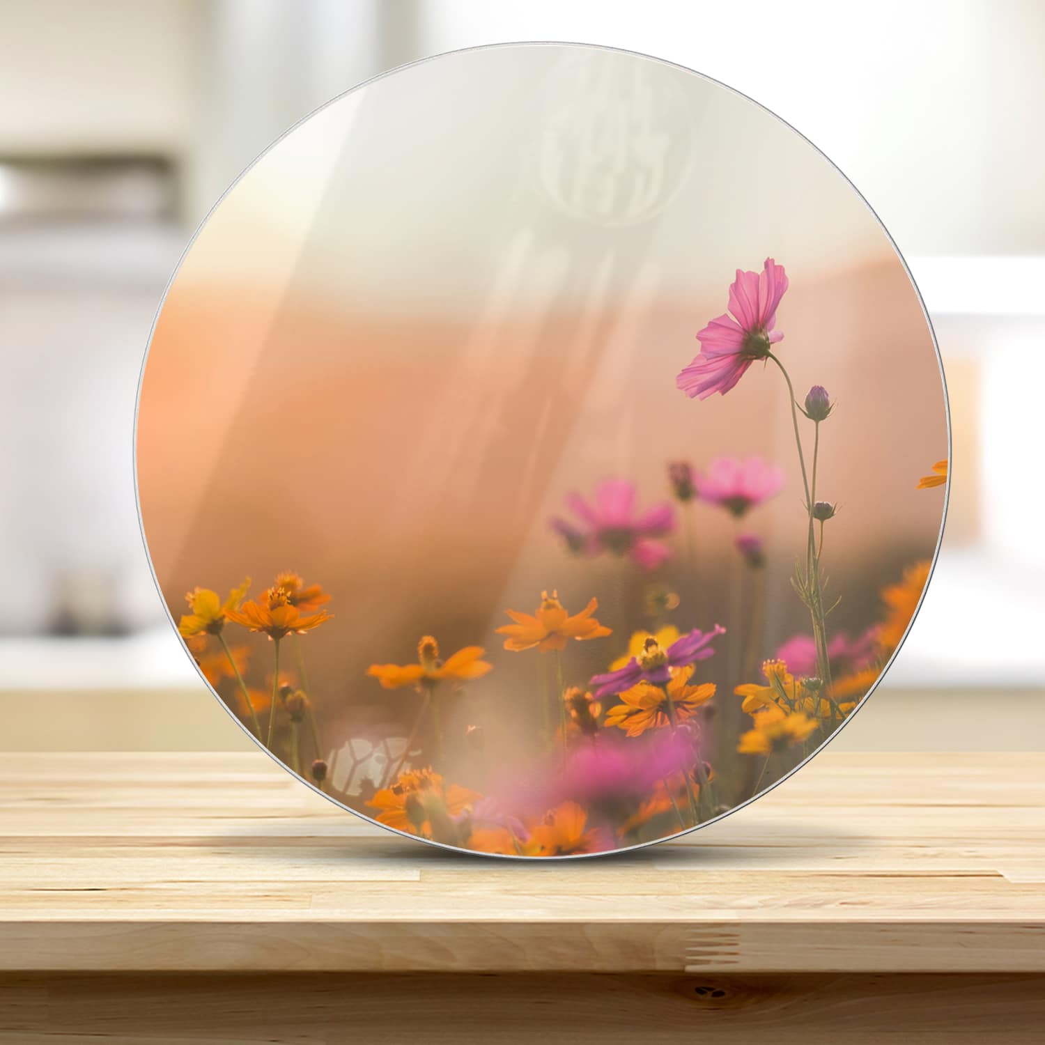 Schneidebrett Rund - Bunte Blumen bei Sonnenuntergang