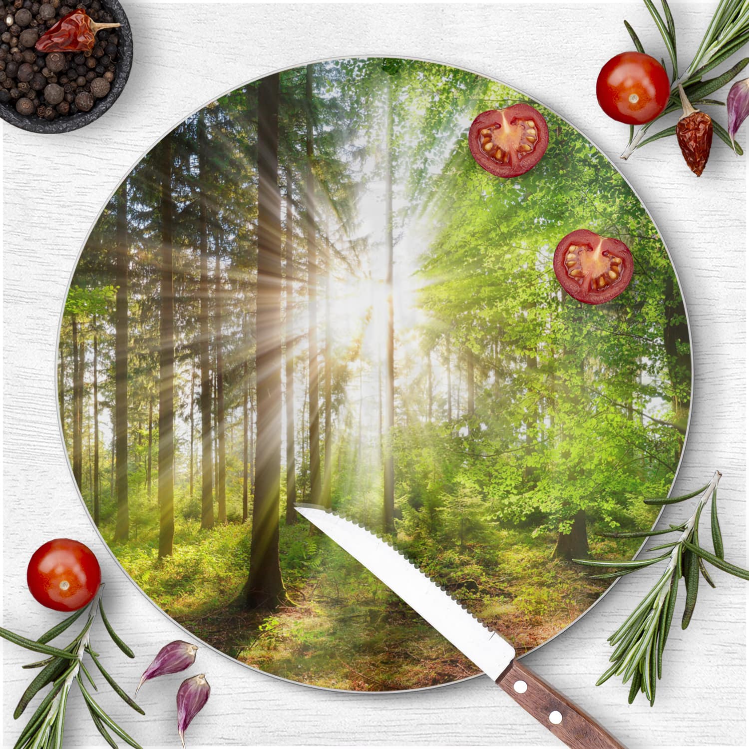 Schneidebrett Rund - Sonnenlicht im Wald