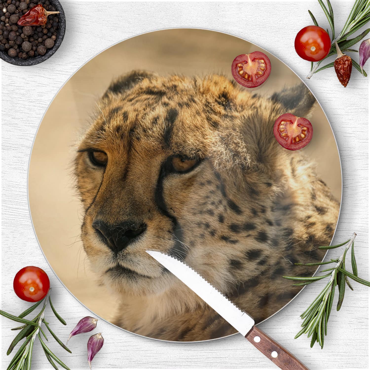 Schneidebrett Rund - Gepard Nahaufnahme