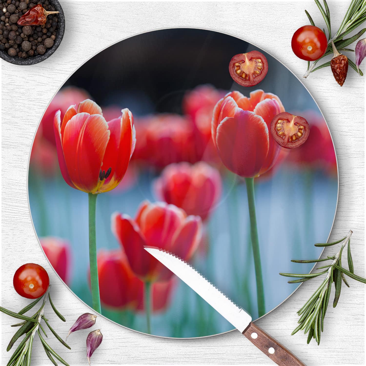 Schneidebrett Rund - Rote Tulpen