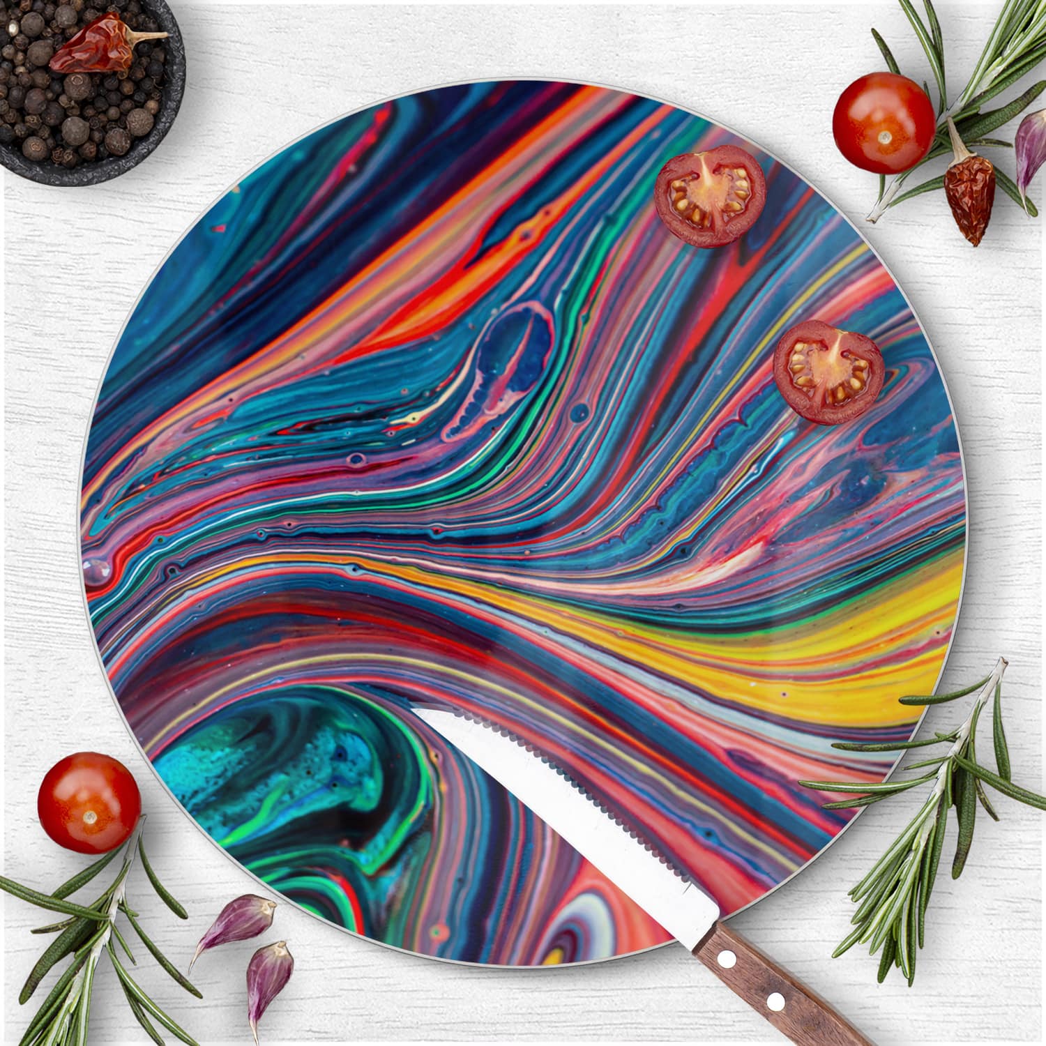 Schneidebrett Rund - Bunte Acrylfarbe