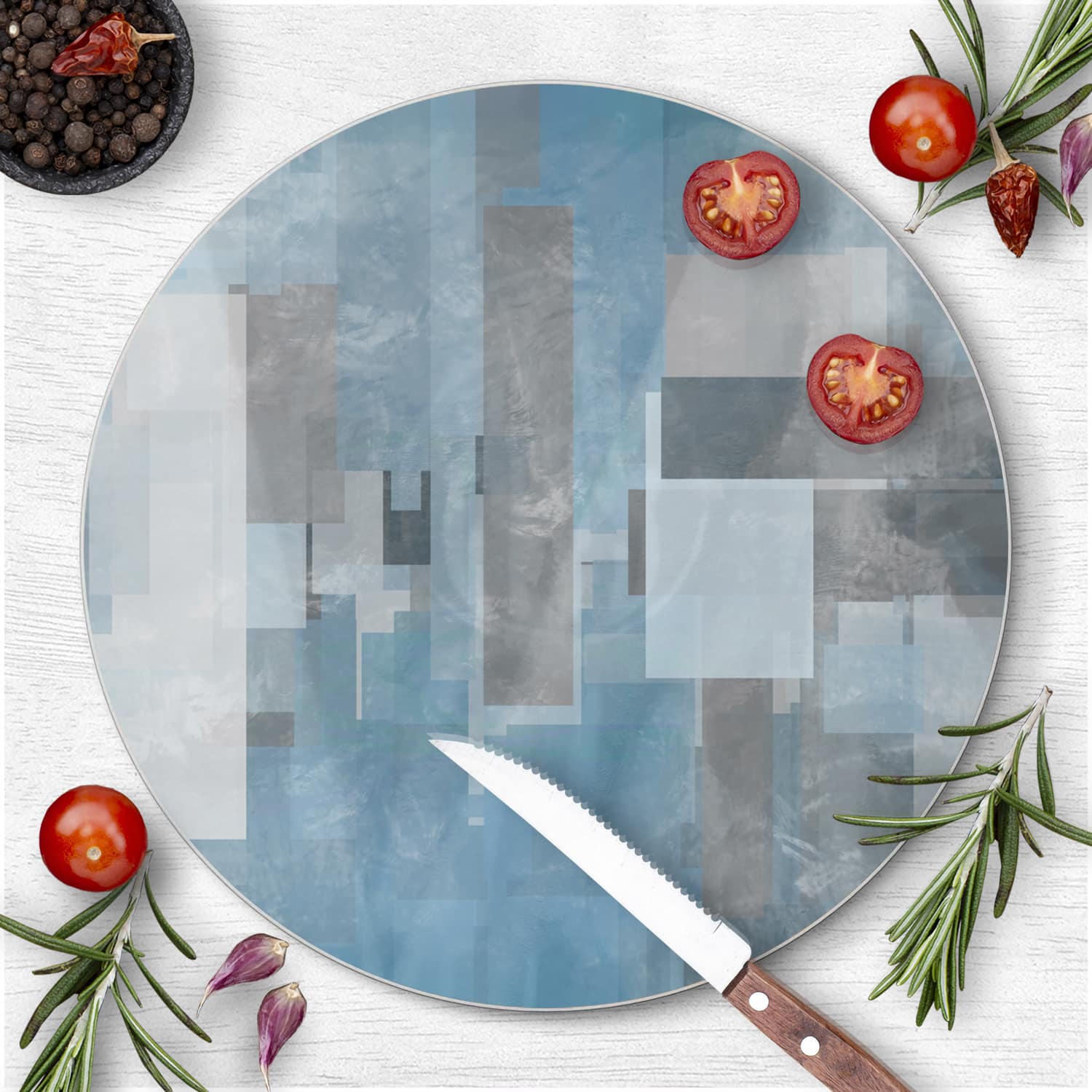Schneidebrett Rund - Blaue geometrische Formen
