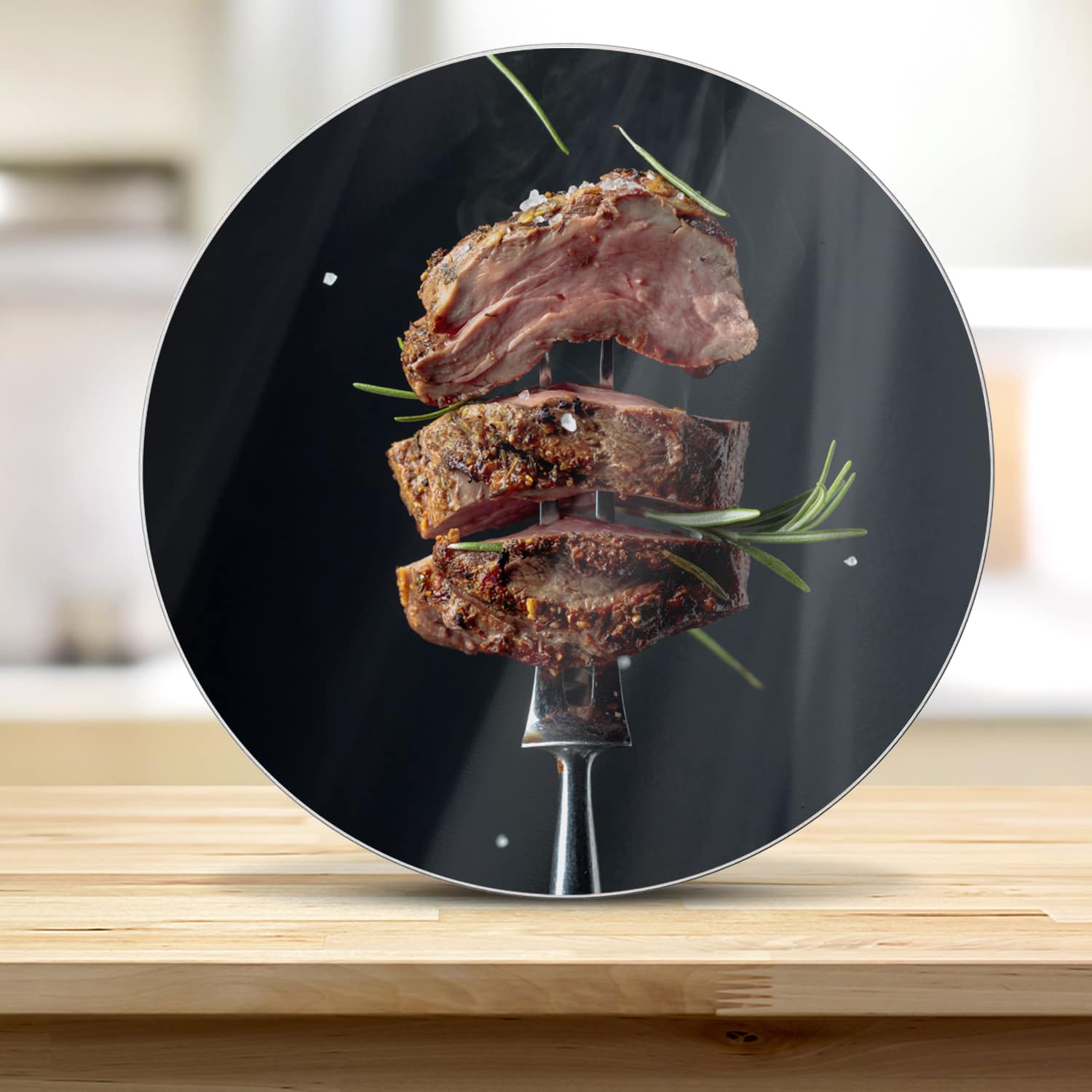 Schneidebrett Rund - Steak auf Gabel