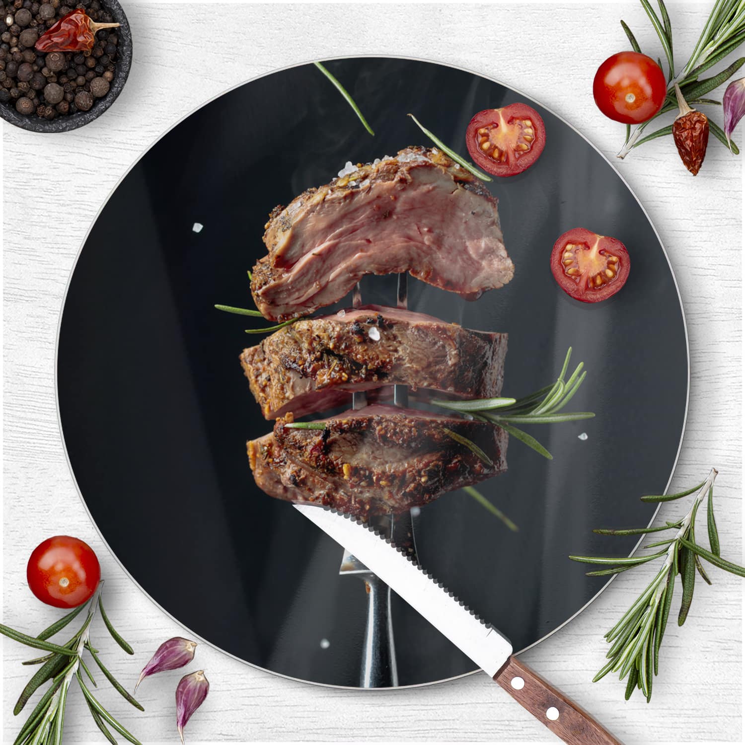 Schneidebrett Rund - Steak auf Gabel
