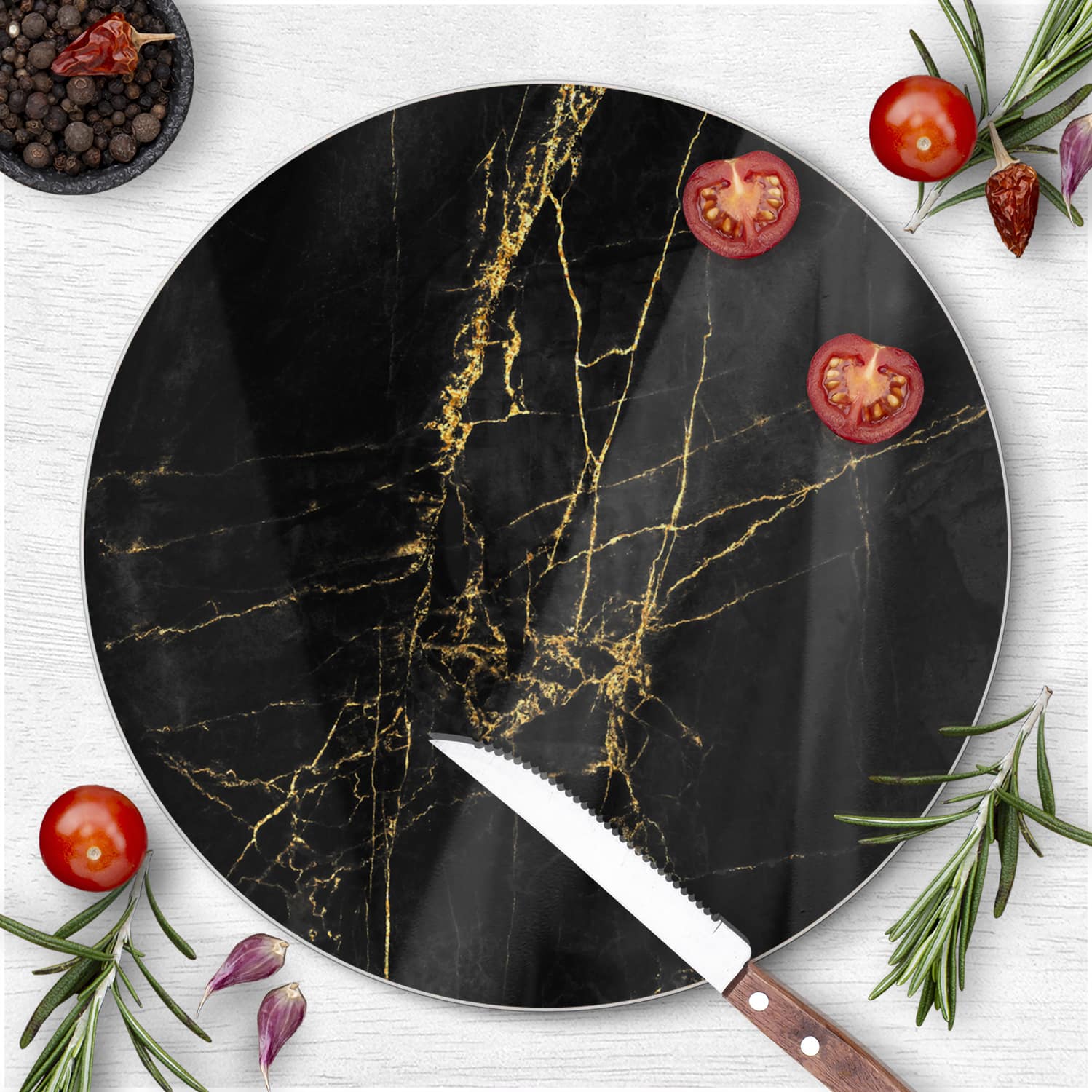 Schneidebrett Rund - Eleganter Schwarz-Gold-Marmor