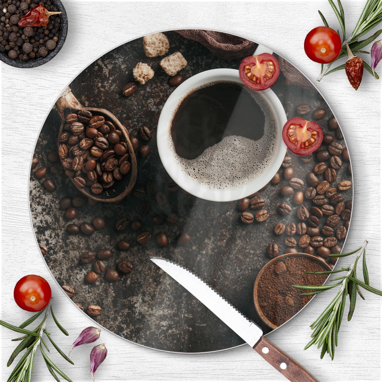 Schneidebrett Rund - Kaffee und Bohnen