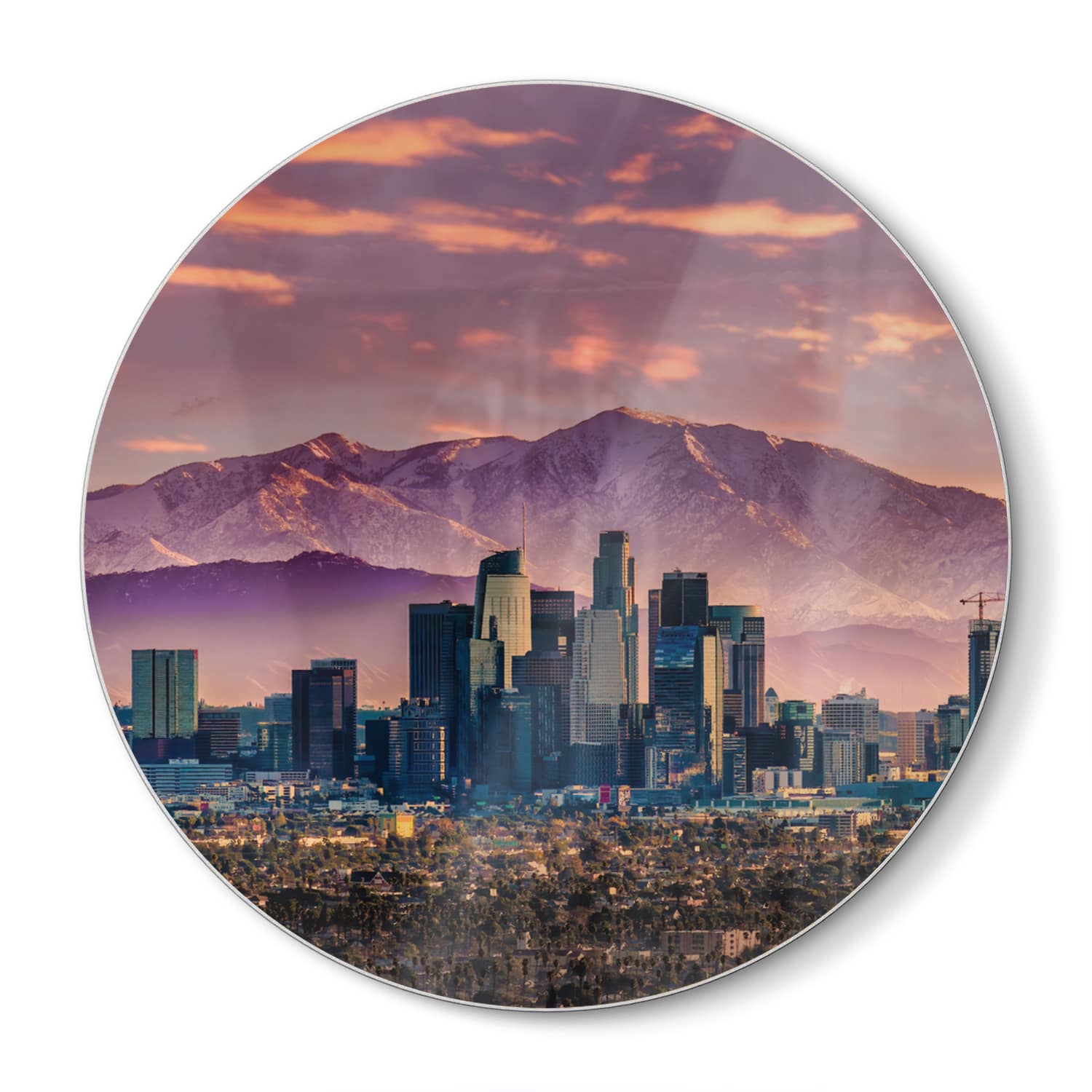 Schneidebrett Rund - Los Angeles Skyline bei Sonnenuntergang