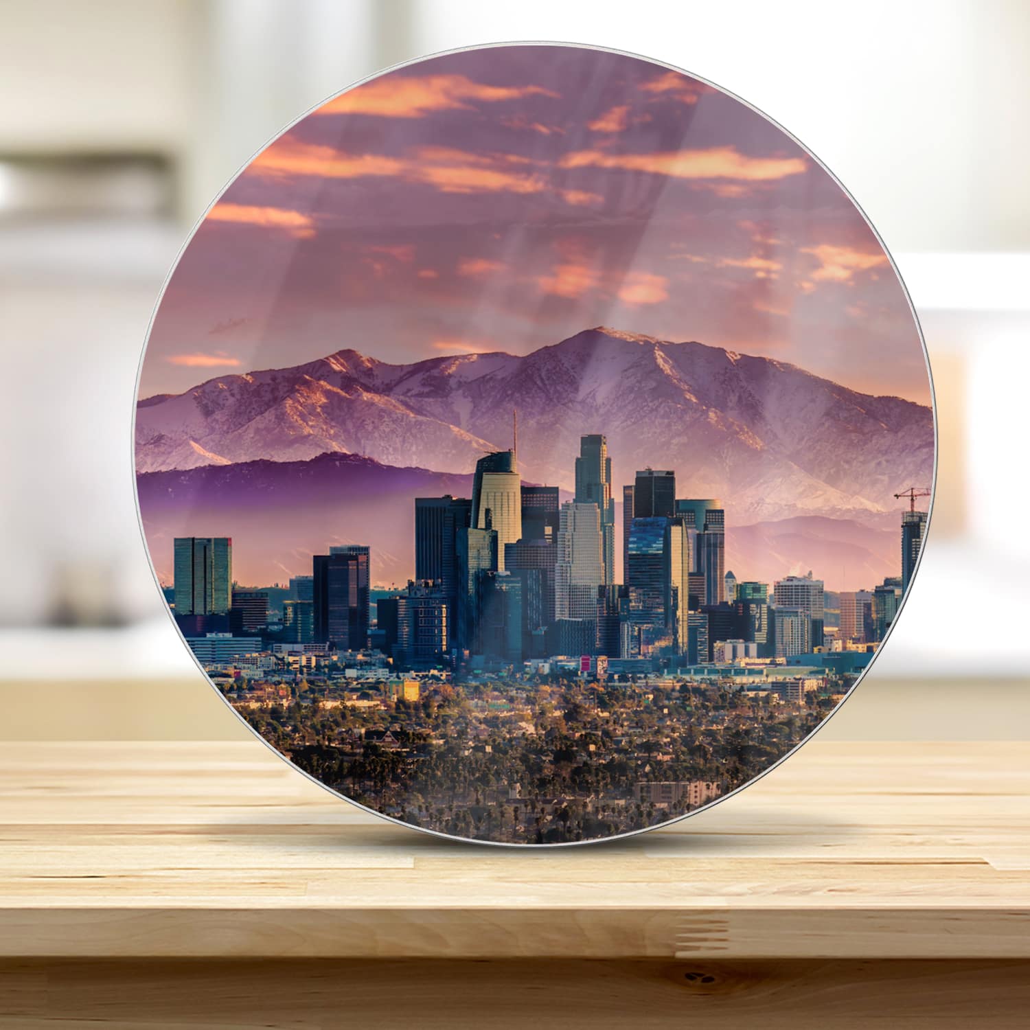Schneidebrett Rund - Los Angeles Skyline bei Sonnenuntergang