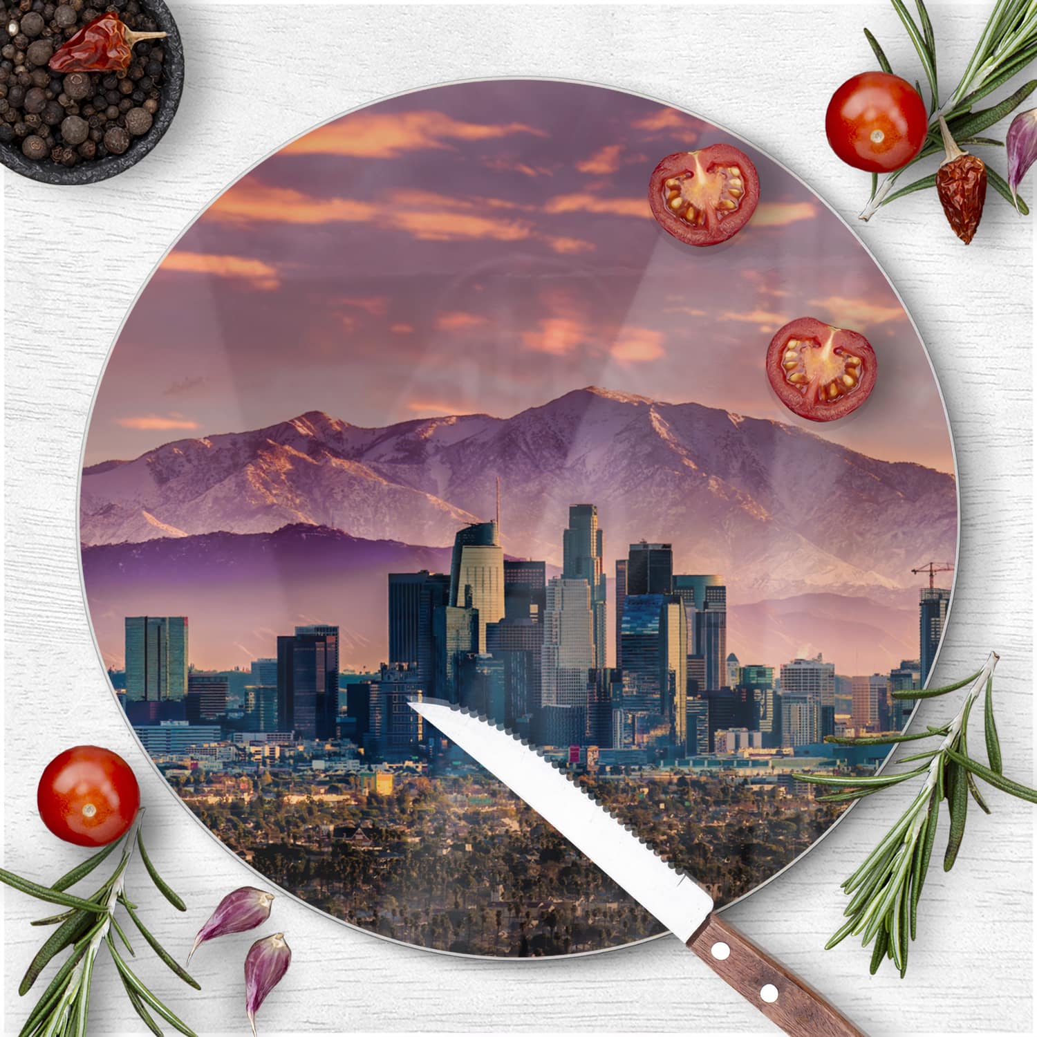 Schneidebrett Rund - Los Angeles Skyline bei Sonnenuntergang