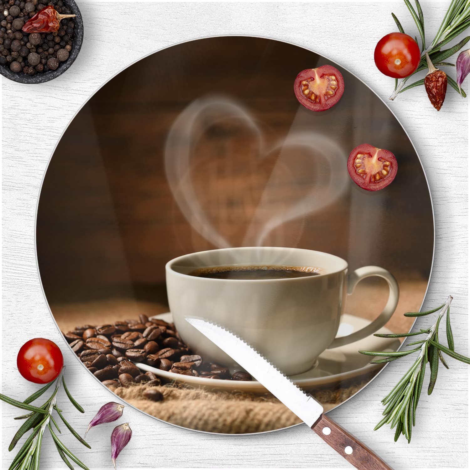 Schneidebrett Rund - Kaffee mit Herz