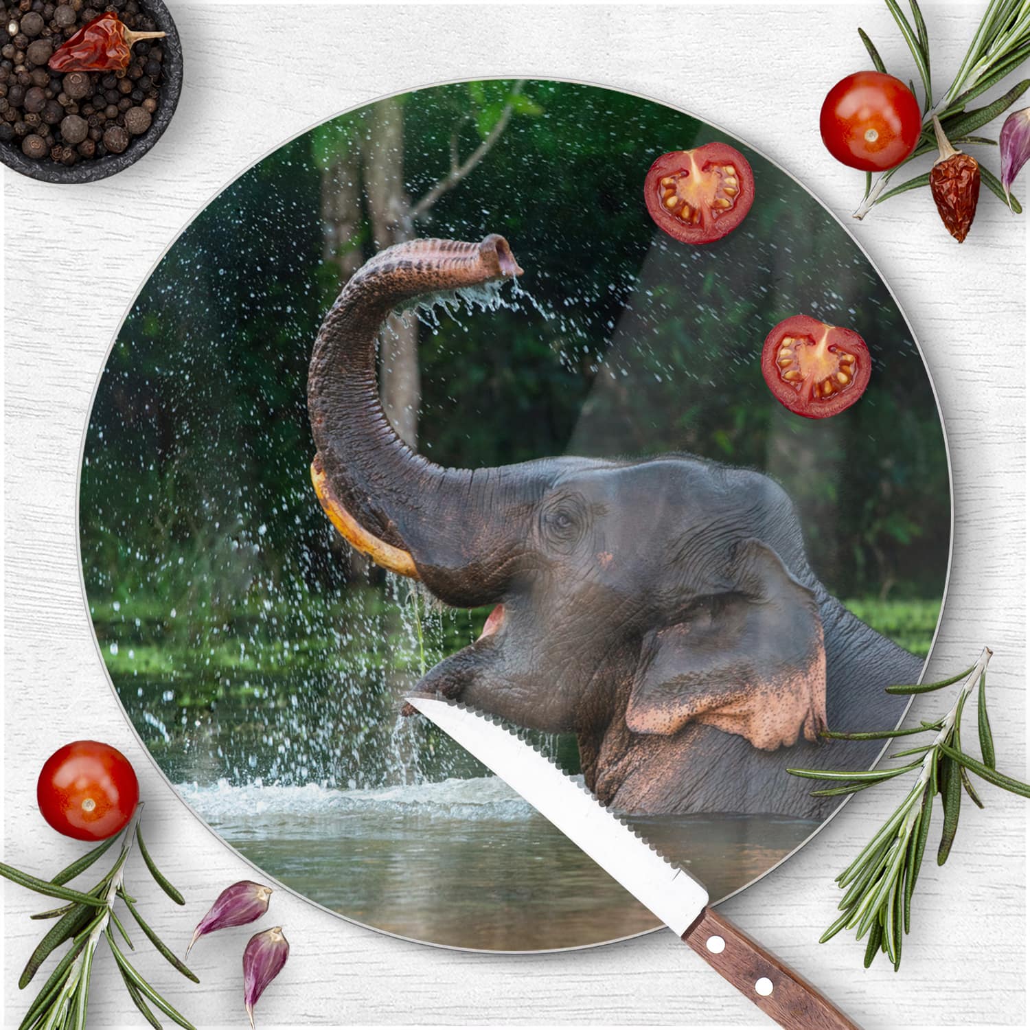 Schneidebrett Rund - Badender Elefant
