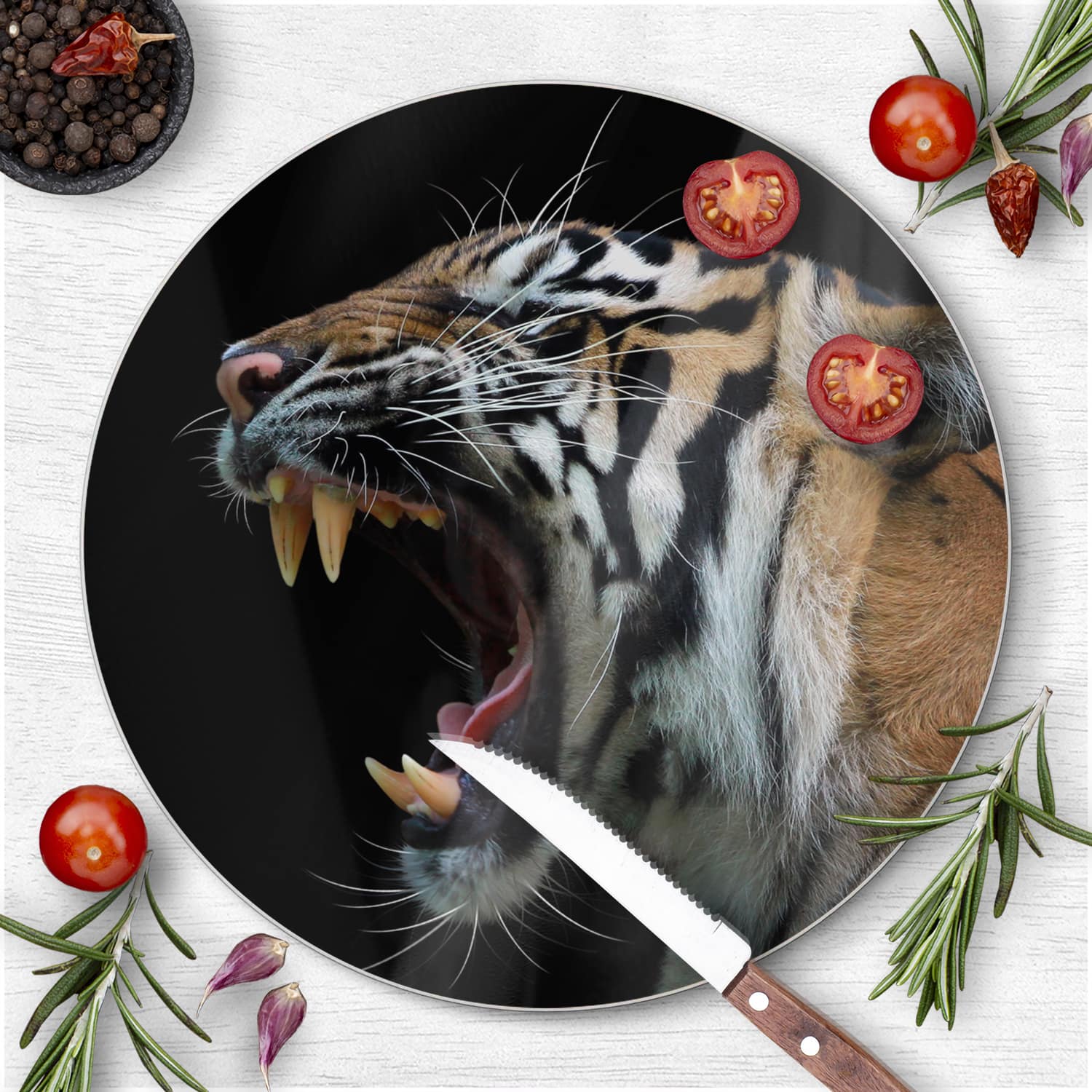 Schneidebrett Rund - Kopf des Sumatra-Tigers