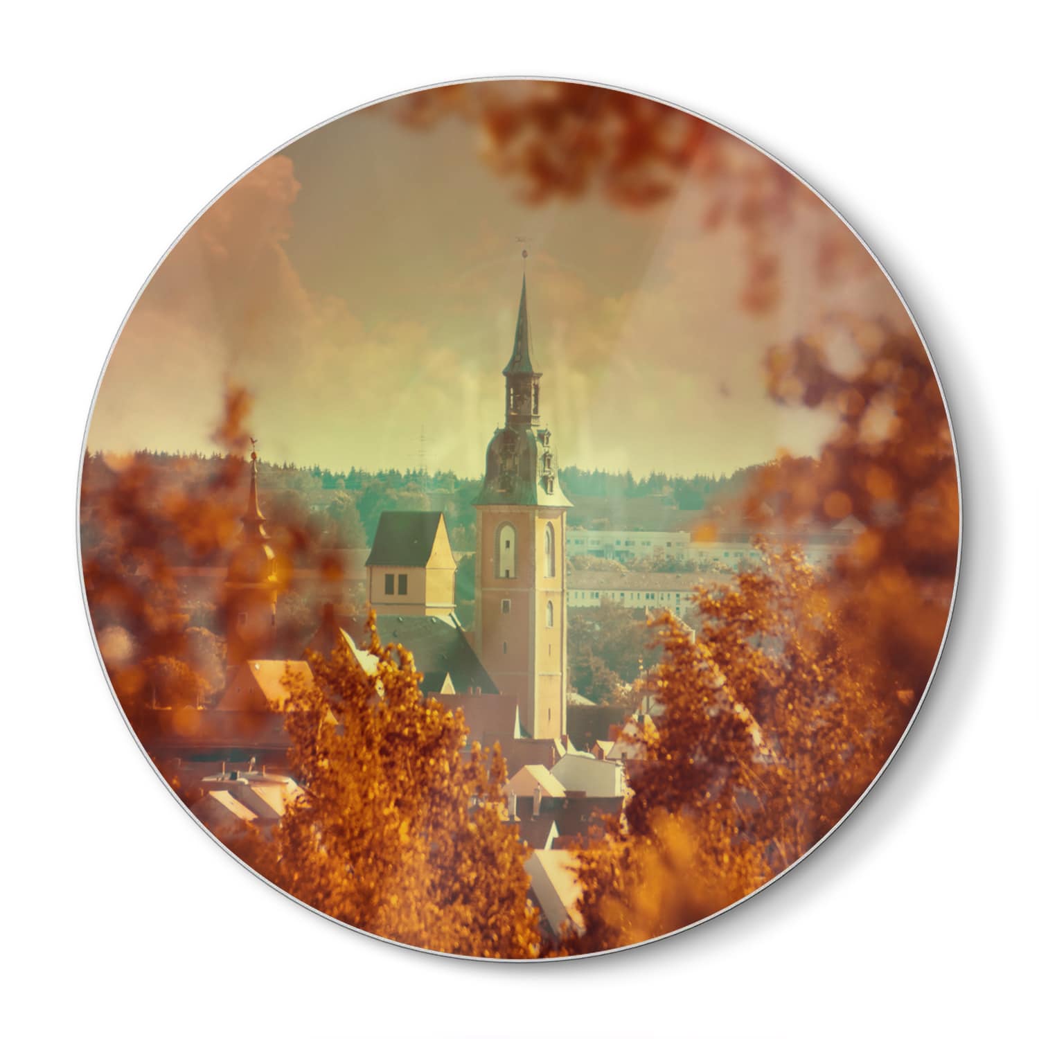 Schneidebrett Rund - Kirche im Herbst
