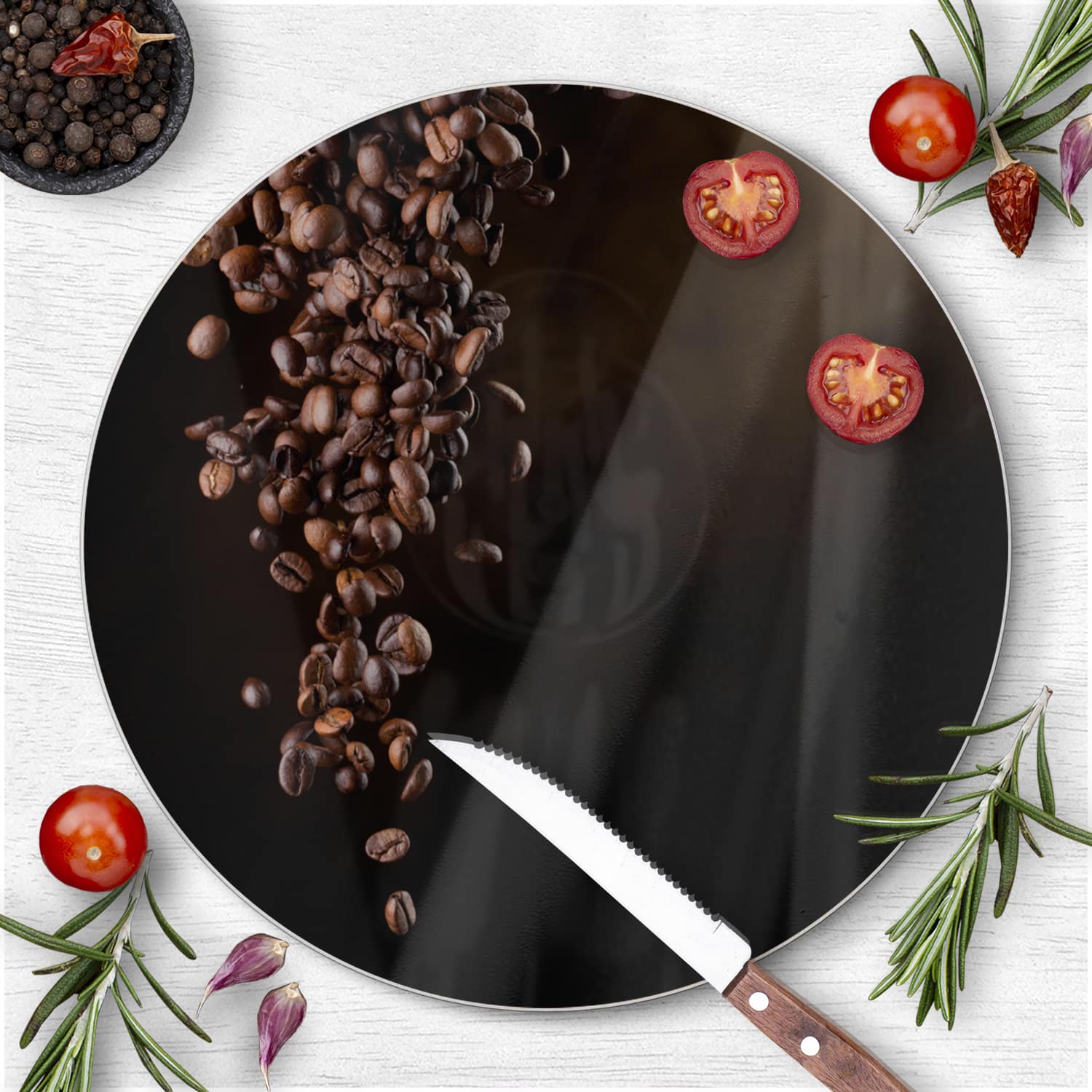 Schneidebrett Rund - Fallende Kaffeebohnen