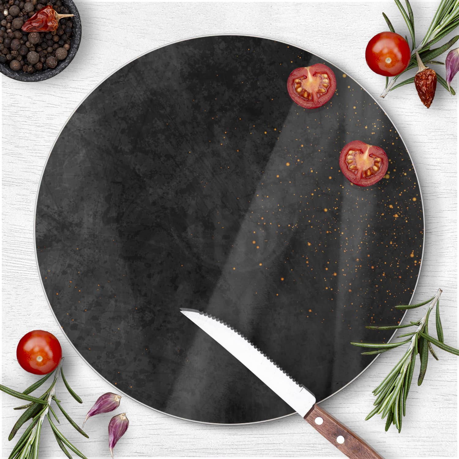 Schneidebrett Rund - Schwarze Textur mit goldenen Partikeln