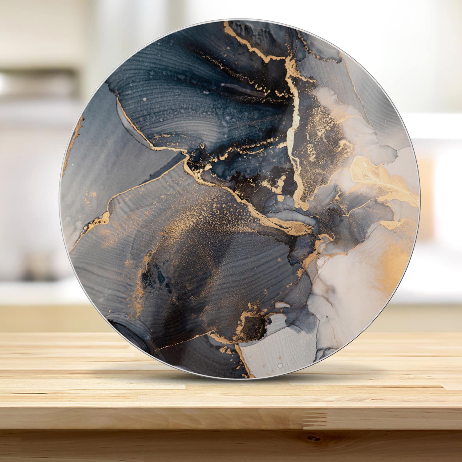 Schneidebrett Rund - Schwarz-Gold-abstrakte Kunst