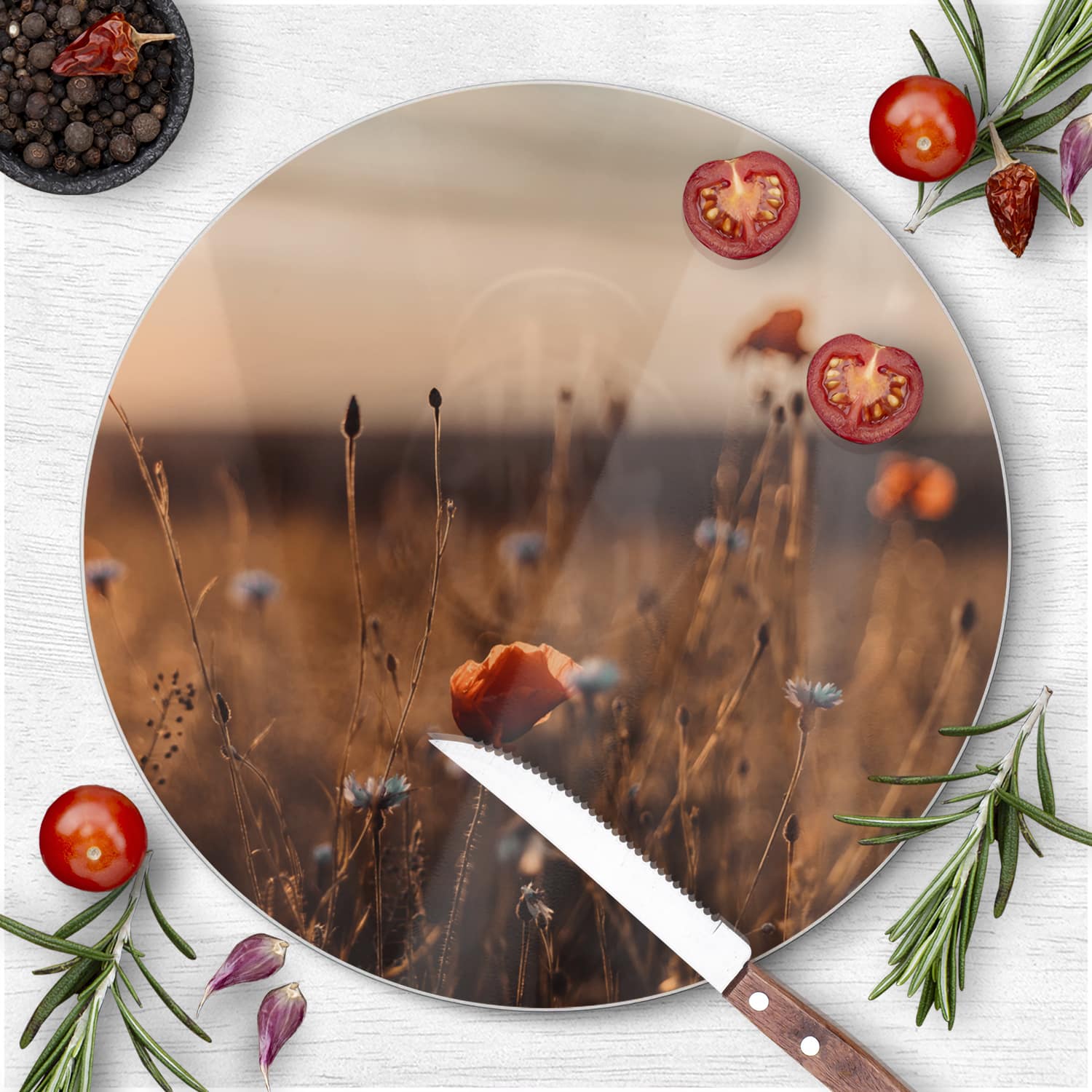 Schneidebrett Rund - Mohnblumen im Feld