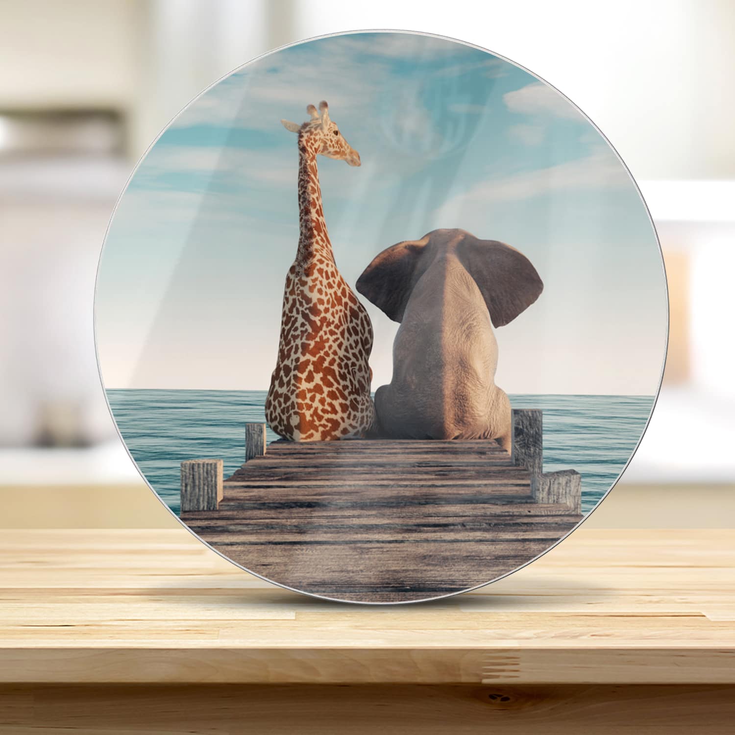Schneidebrett Rund - Giraffe und Elefant