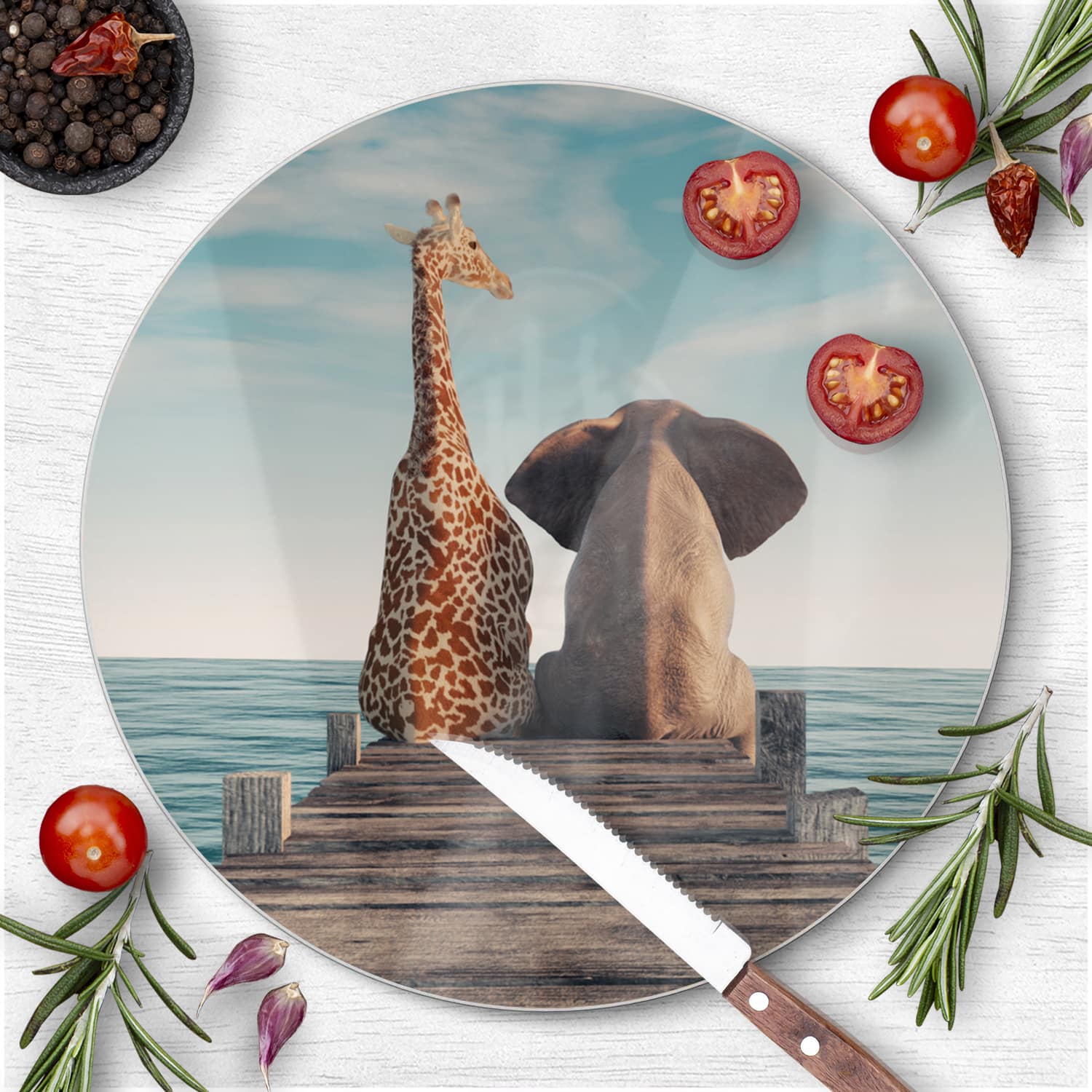 Schneidebrett Rund - Giraffe und Elefant
