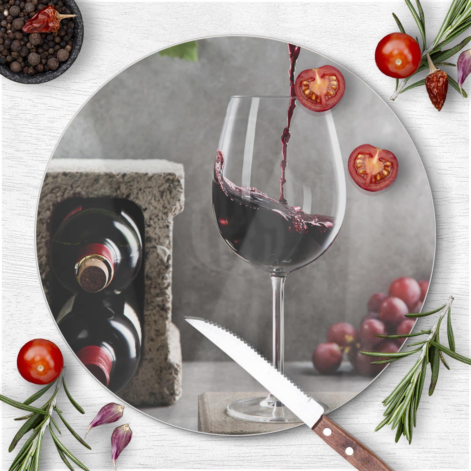 Schneidebrett Rund - Wein einschenken