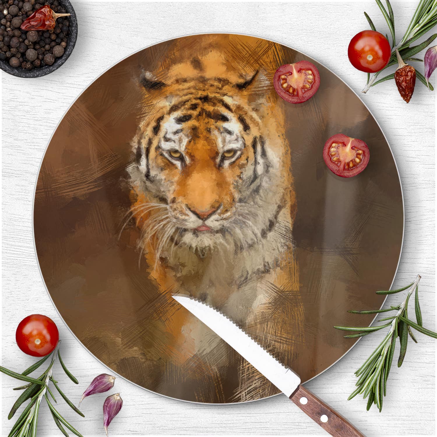 Schneidebrett Rund - Acrylmalerei eines Tigers