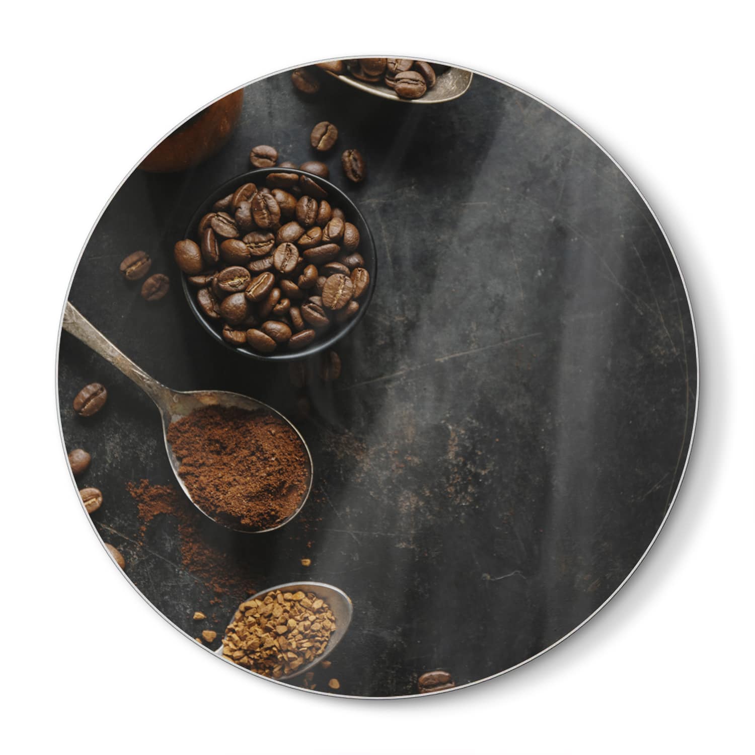 Schneidebrett Rund - Kaffeebohnen und gemahlener Kaffee