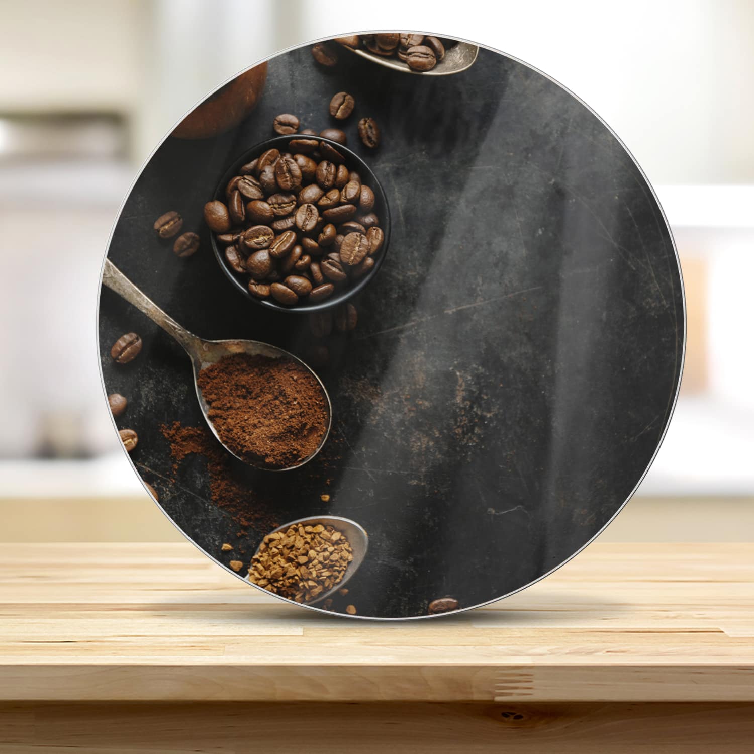 Schneidebrett Rund - Kaffeebohnen und gemahlener Kaffee