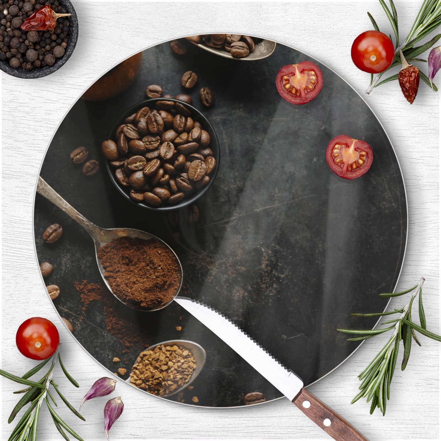 Schneidebrett Rund - Kaffeebohnen und gemahlener Kaffee