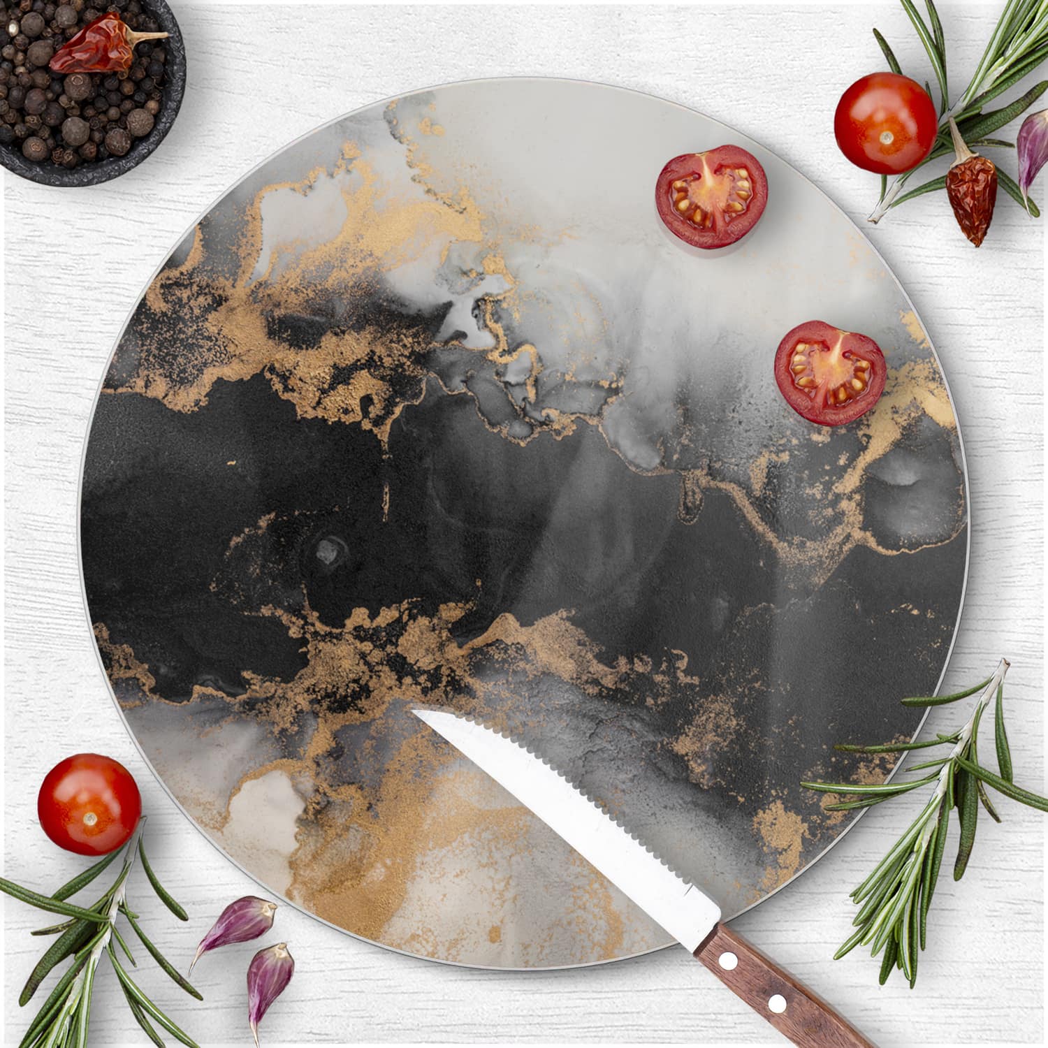 Schneidebrett Rund - Luxuriöser Schwarz-Gold-Marmor