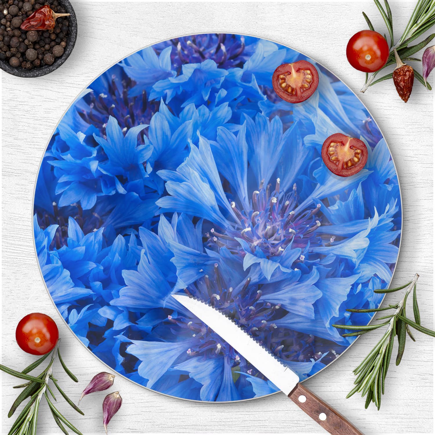 Schneidebrett Rund - Blaue Kornblume