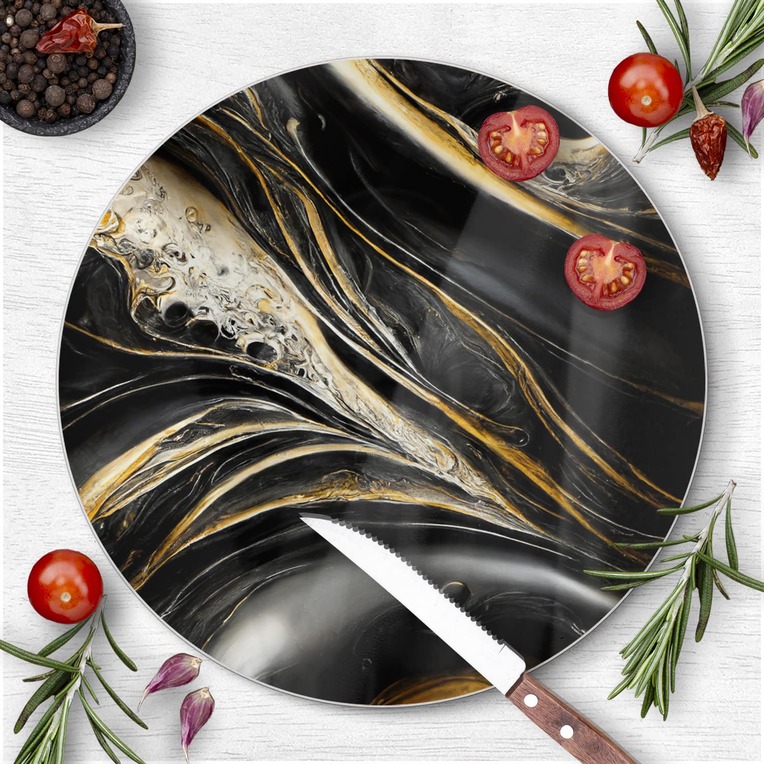 Schneidebrett Rund - Abstrakter Gold-Schwarz-Marmor